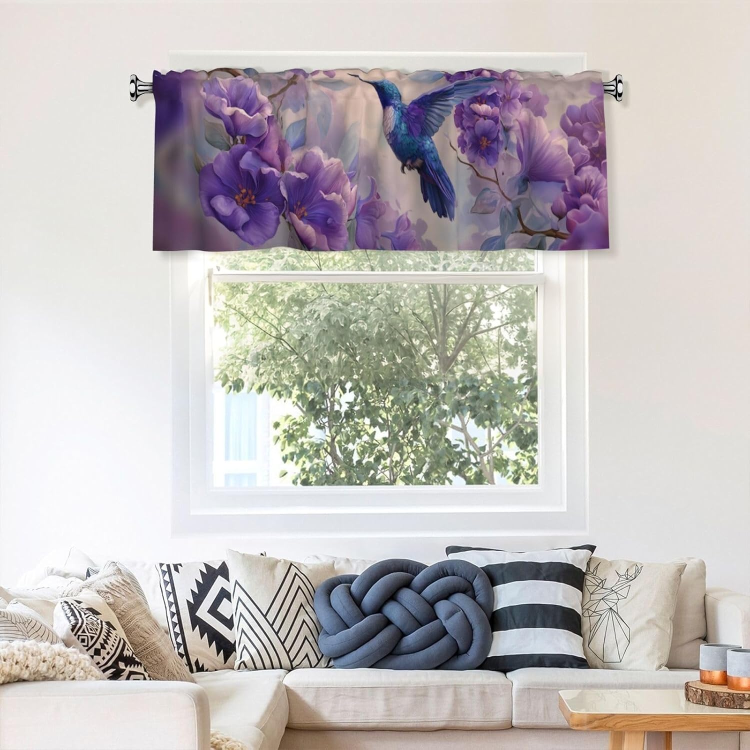 2 Pack Hummingbird Purple Flowers Valance for Windows Curtain Valance for Kitchen Bathroom Bedroom Living Room Window Treatment Decor Curtains Rod Pocket 54x18 Inch