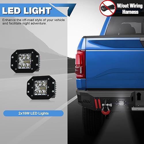 Miniatura 6 de Parachoques trasero F150 con anillos en D, luces LED, orificios de sensor, placa escalonada de acero inoxidable, parachoques trasero para Ford F150