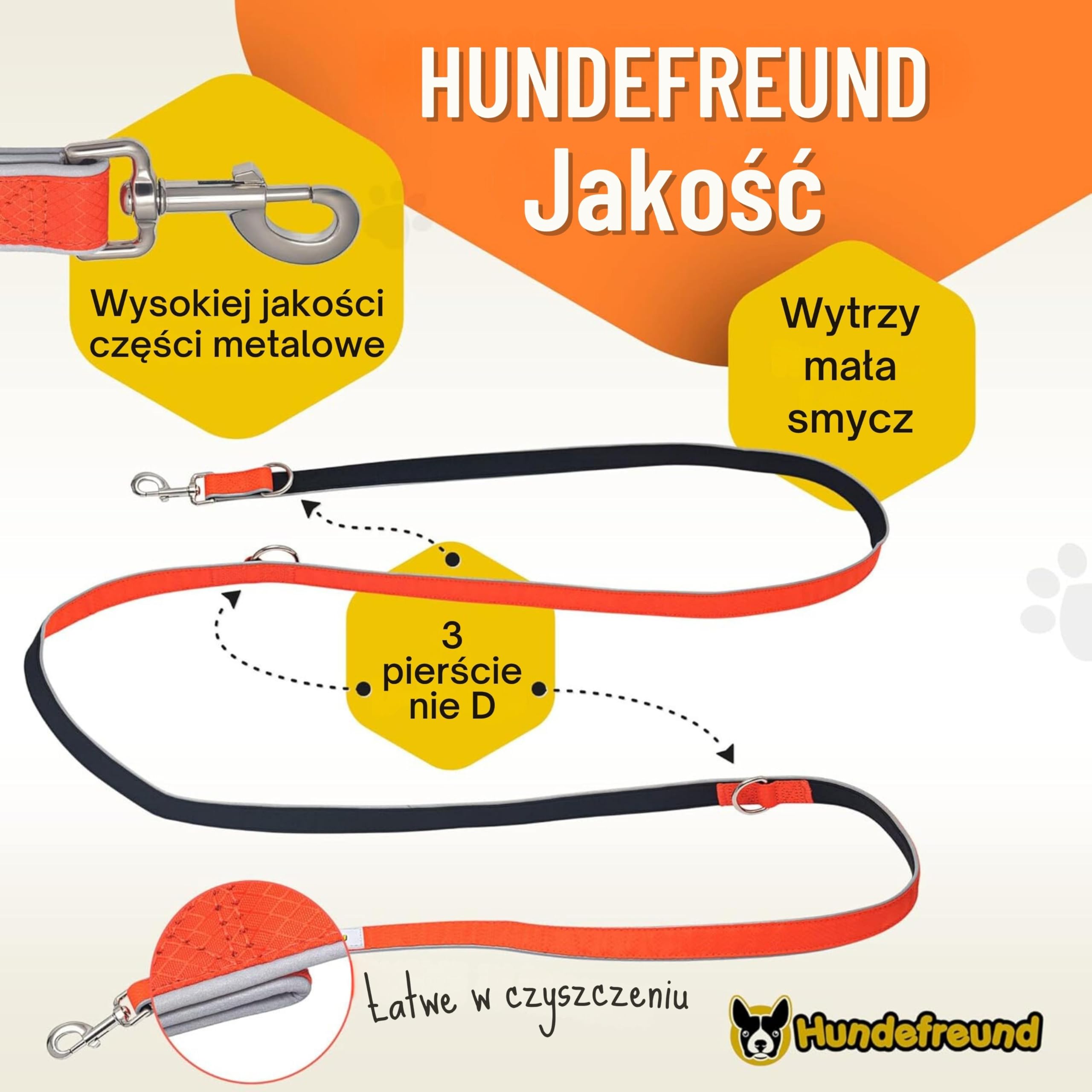 Hundefreund 6-w-1 Wielofunkcyjna Smycz – Regulowana smycz 3 m dla średnich i Dużych psów z 3 Pierścieniami – Odbijająca światło Smycz na Ramię, do Biegania i na dwa psy w Jednym
