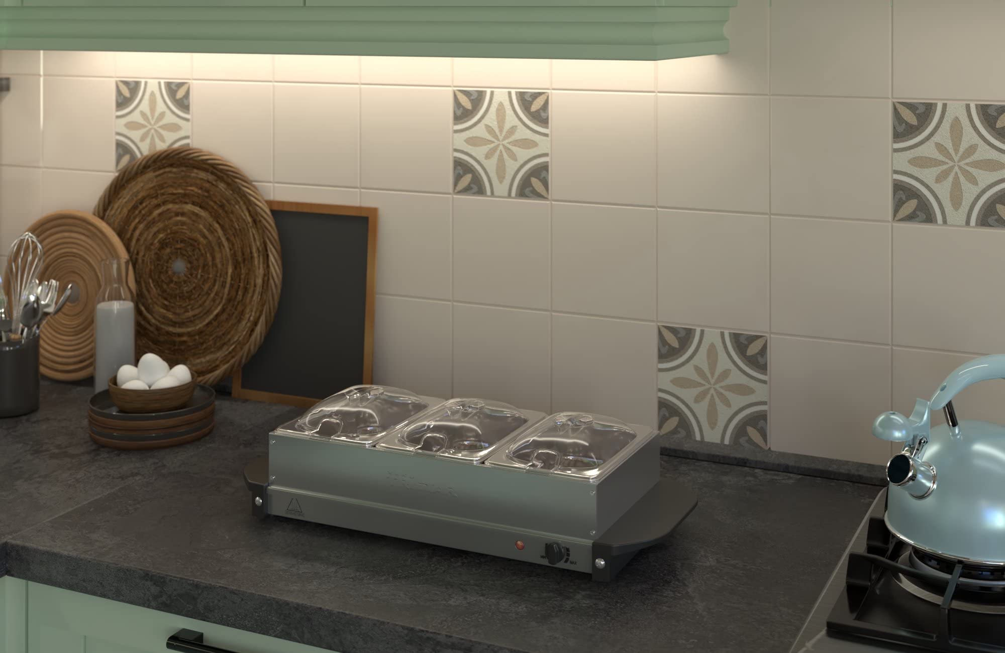 Tristar Calientaplatos Buffet de Acero Inoxidable para Fiestas y Buffets, 4,2 L, Termostato Ajustable, 3 Recipientes Calientaplatos, Función de Placa Calefactora, 200 W, Plateado, BP-6283