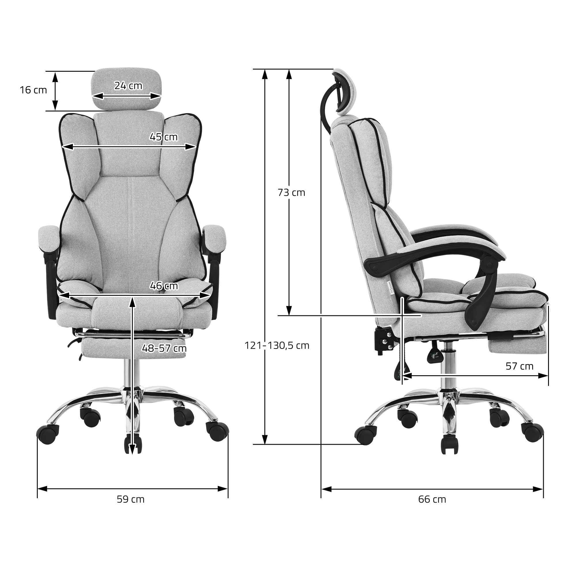 Ergonomiczne krzesło biurowe ML-Design, jasnoszare, krzesło biurowe z regulacją wysokości i wysokim oparciem, krzesło obrotowe z podnóżkiem, poduszką zagłówkiem krzesło komputerowe, krzesło gamingowe