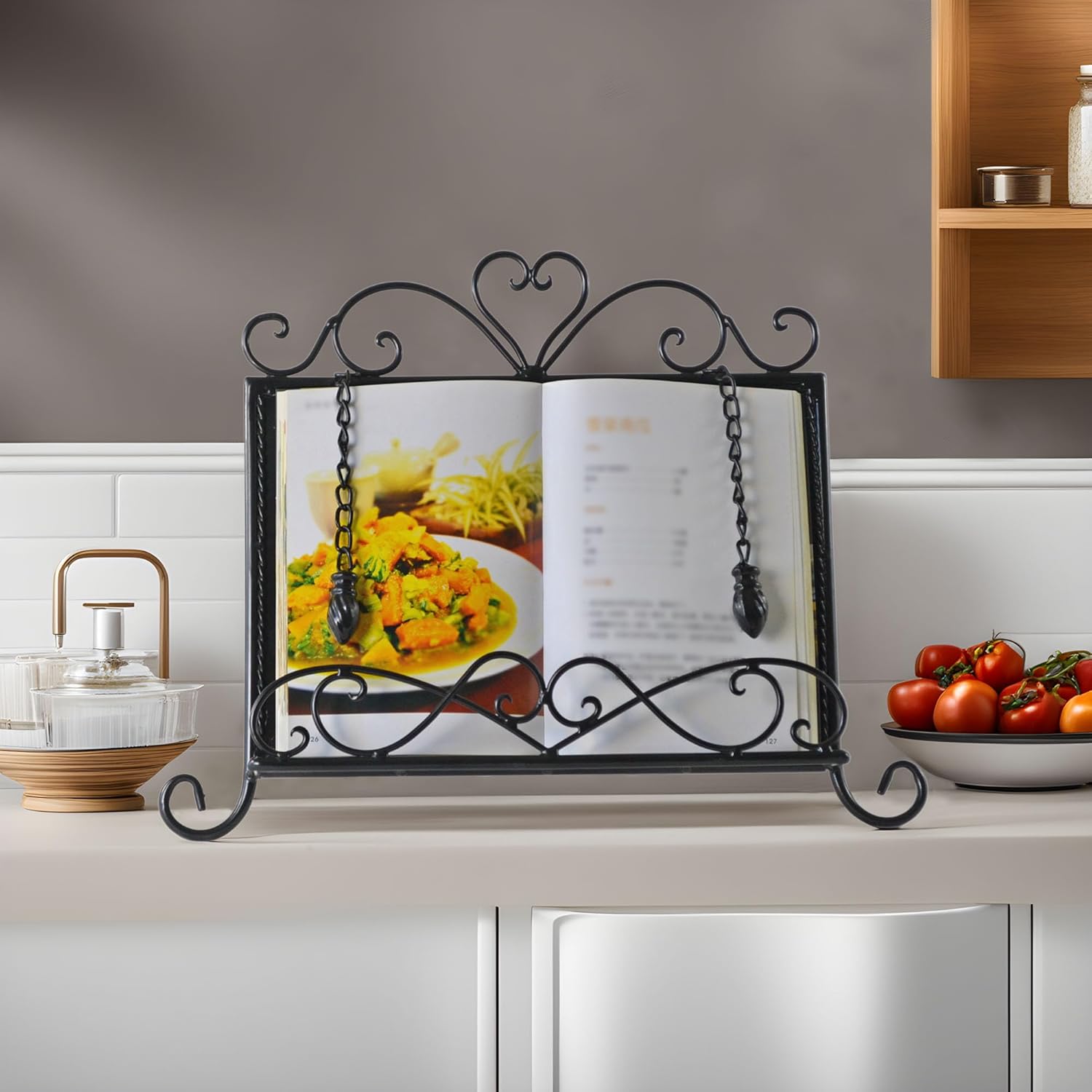 Westcharm Holiday Gift - Antique Metal Kitchen Cookbook Stand, Recipe Book Holder, iPad Holder, Cookery Book Easel with Weighted Chains, Classic Black