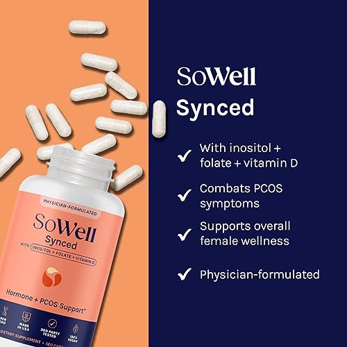 Miniatura 3 de SoWell Synced Suplemento de equilibrio hormonal para mujer con inositol, vitamina D y folato para SOP y apoyo al ciclo menstrual, 120 cápsulas