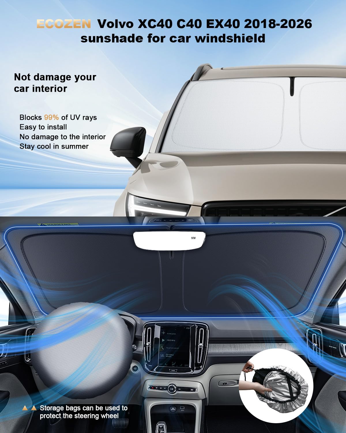 ECOZEN Parasole per parabrezza Anteriore Volvo XC40 C40 Recharge EX40 2018-2026 Parasole pieghevole su misura, tessuto ispessito, Protettore Contro i Raggi UV Protezione Anteriore Auto XC40 Accessori