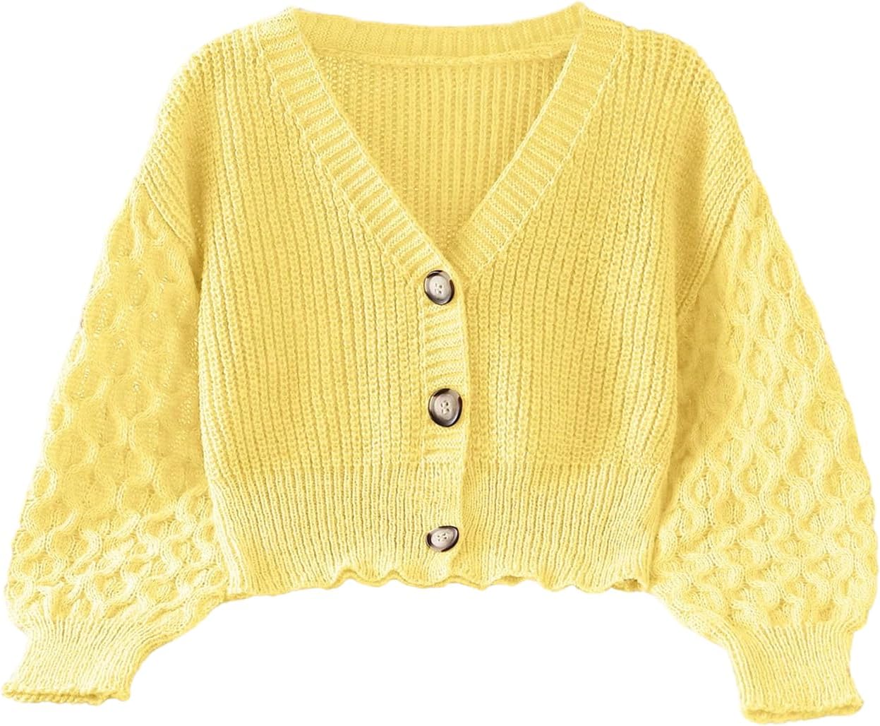 MakeMeChic Girl's Cable Knit Cropped Cardigan Sweater V Neck Long Sleeve Button Down Sweaters