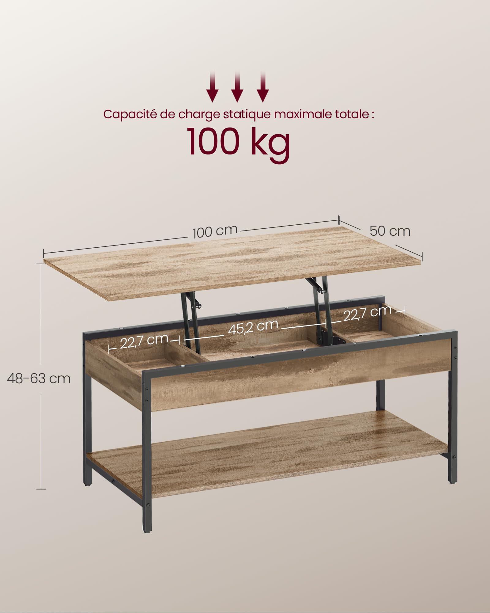 VASAGLE Table Basse Relevable, Table de Salon, avec Rangement Ouvert et Compartiments Cachés, 50 x 100 cm, Marron Camel et Noir d’Encre LCT261LB02