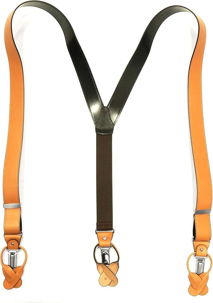 Unknown クラシック レザー×キャンバス ブレイシーズ サスペンダー サスペンダー Y型 Yバックメンズ 紳士 英国流6ボタン止め クラシック
