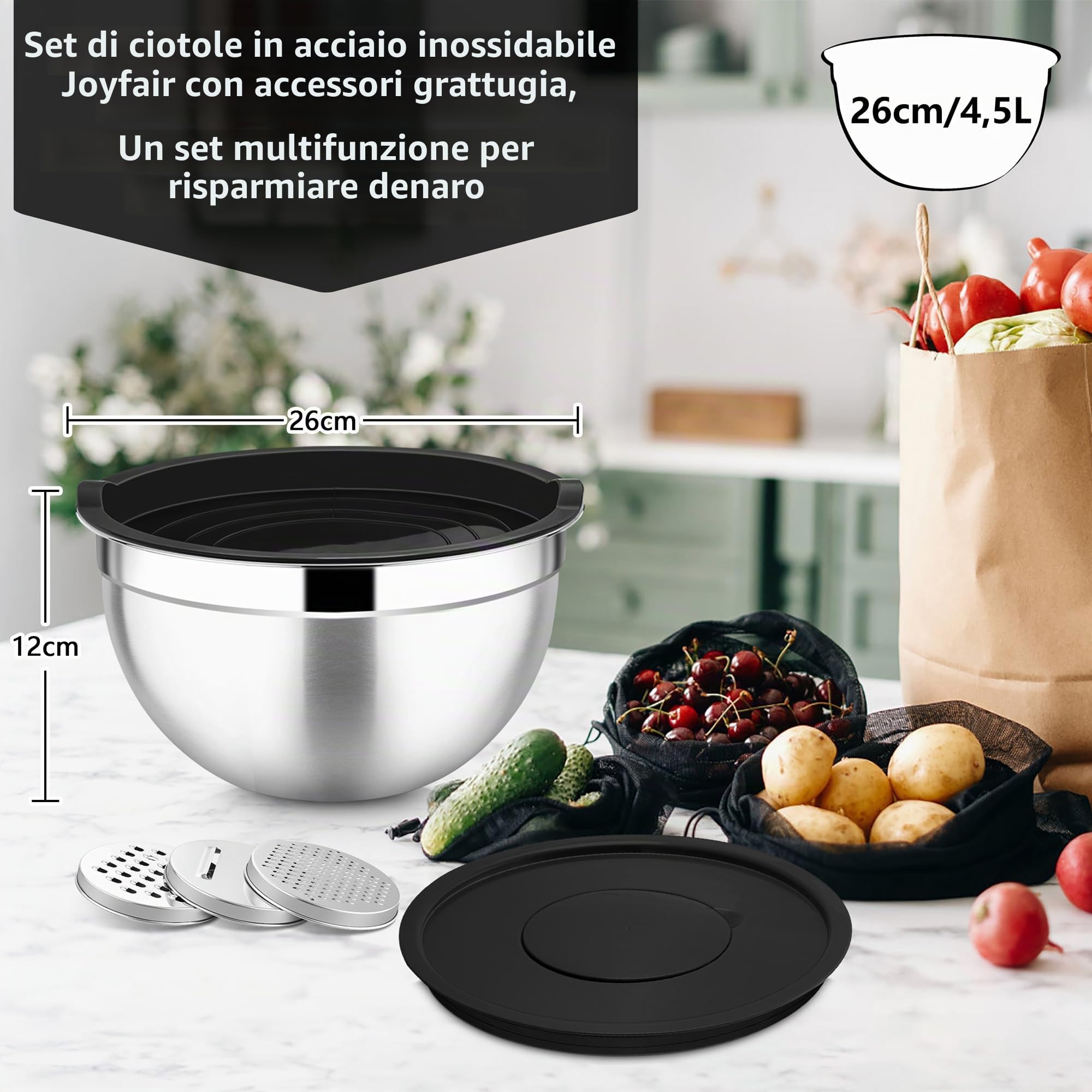 Joyfair Set ciotola in acciaio inox con inserti per grattugiare (nero)