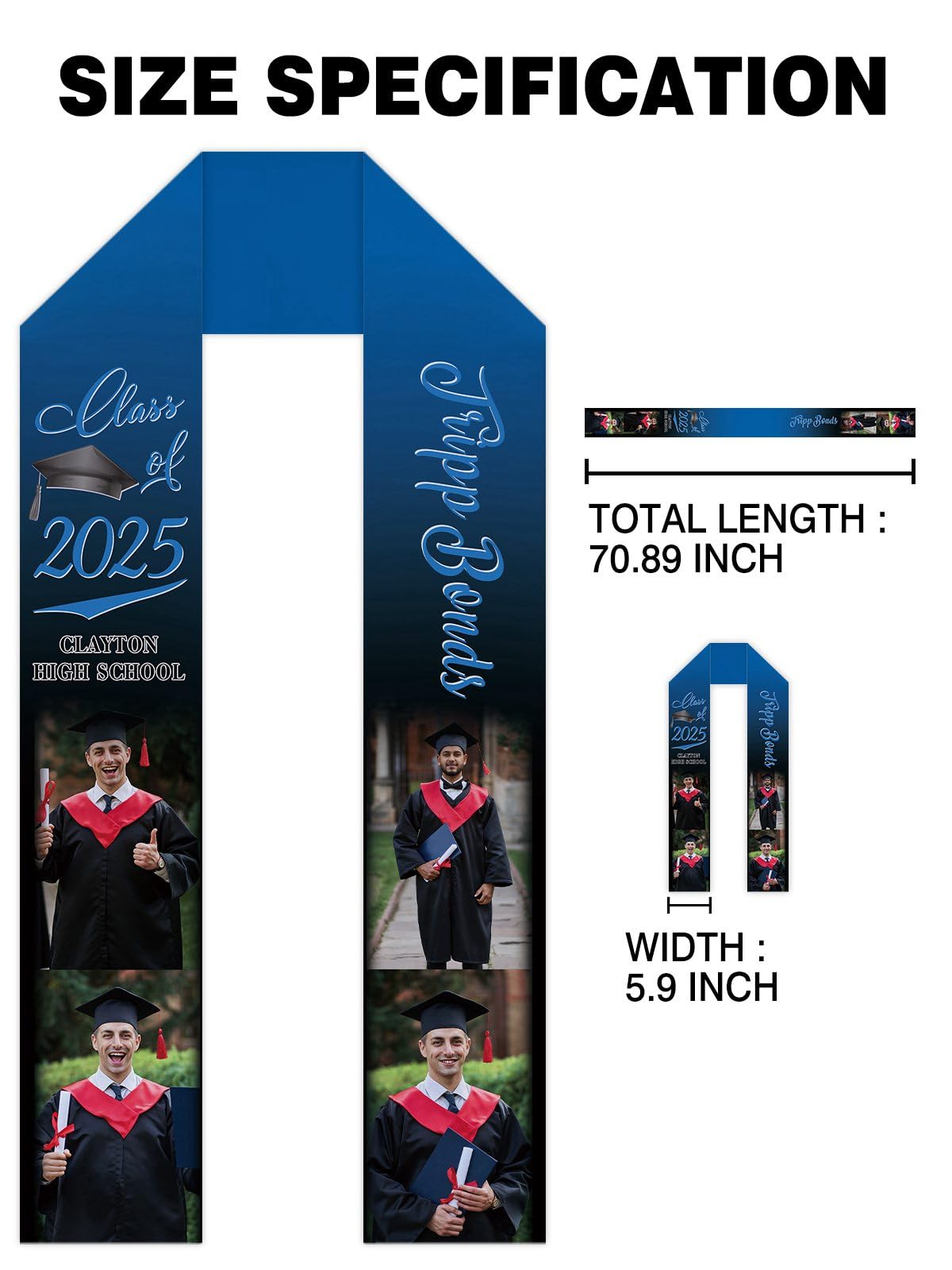 GUGLILI Class Of 2025 Customize Graduation Stole with Photo Personalized Graduation Sash Name 9 Gradient Color