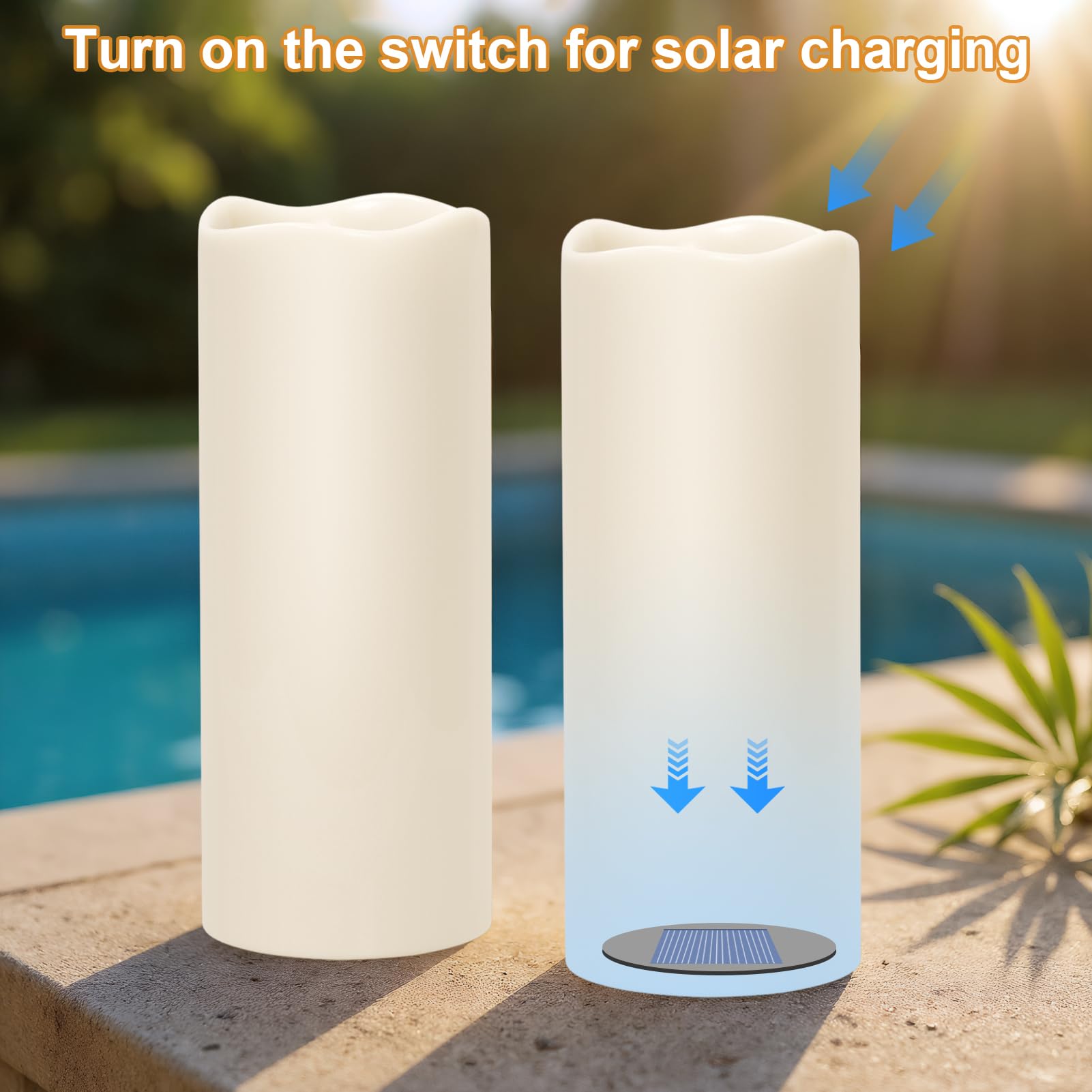 GenSwin Solarkerzen für den Außenbereich, wasserdicht, 30,5 x 12,7 cm, groß, solarbetrieben, wiederaufladbar, flammenlose Kerzen, LED-Stumpenkerze mit Sensor, Timer, Dämmerung bis Morgendämmerung, für