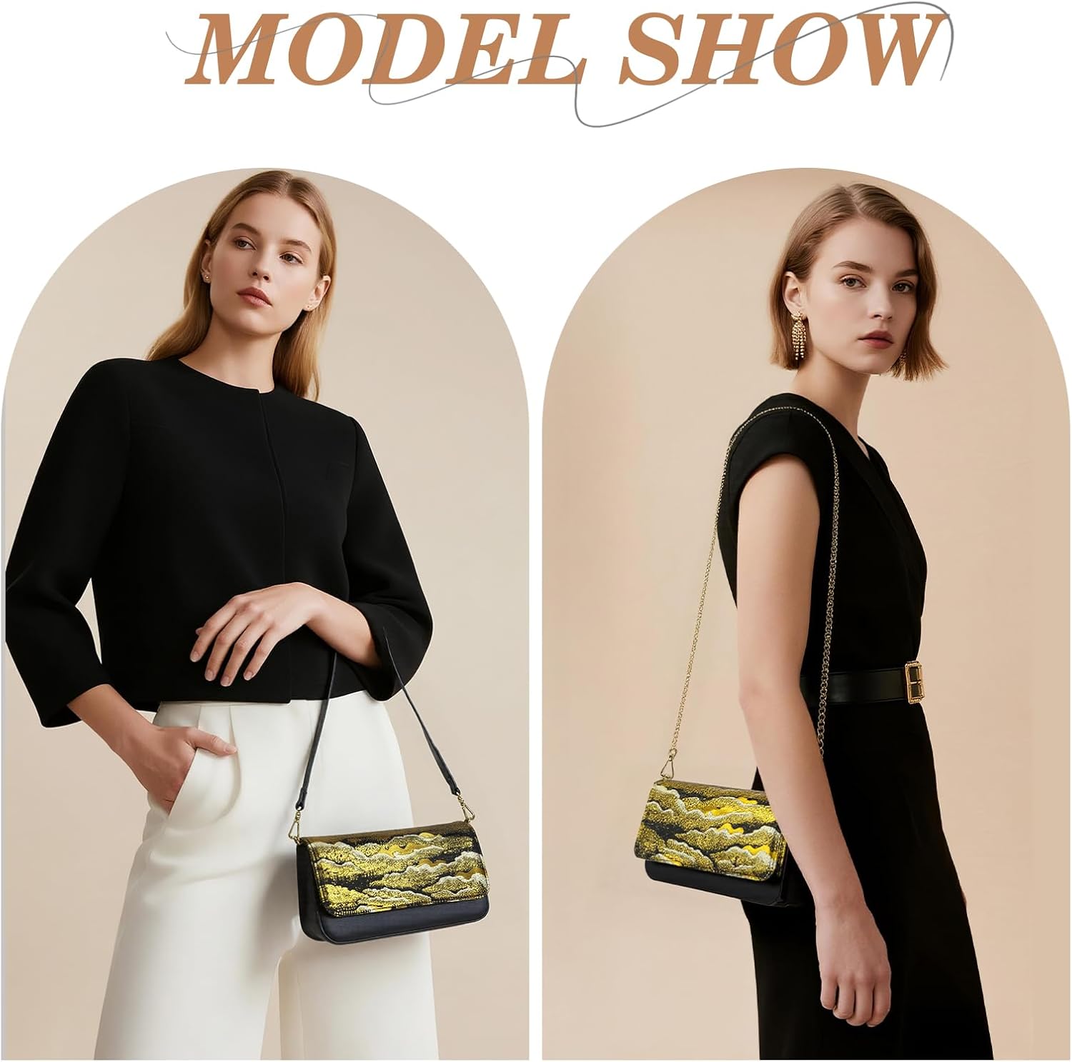 Women’s Evening Handbags Gold Clutch Purse – Luxury Black & Gold Embroidered Should Bag with Detachable Chain Strap, Formal Wedding Prom Party Clutch