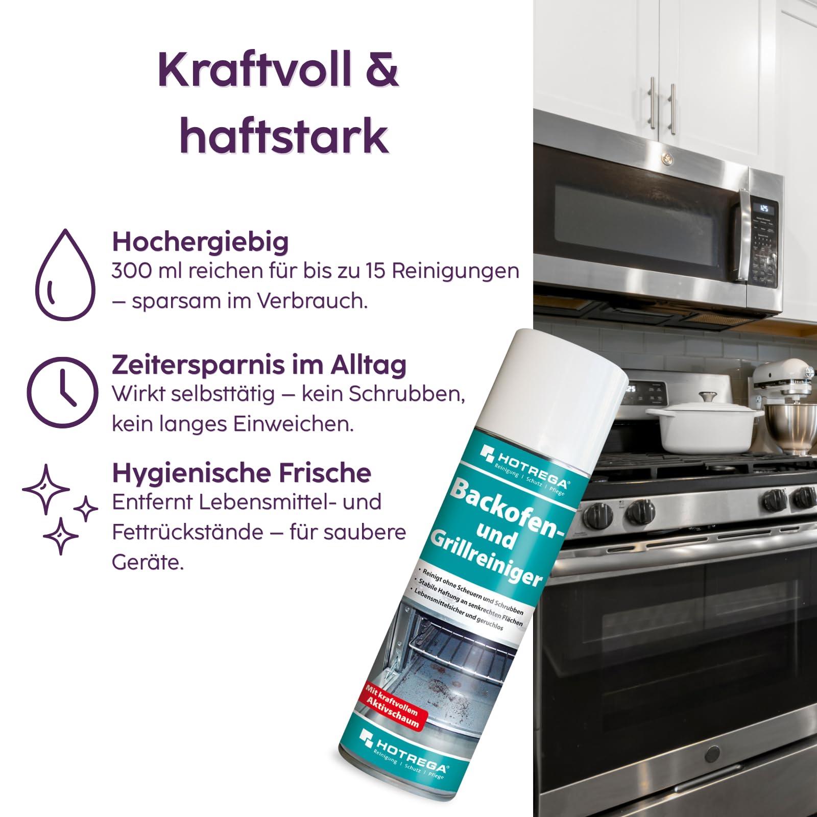 HOTREGA Backofen- und Grillreiniger 3x 300ml | Gebrauchsfertig | Entfernt eingebrannte Rückstände von Fett, Öl, Zucker | Für Edelstahl, Glas & Keramik