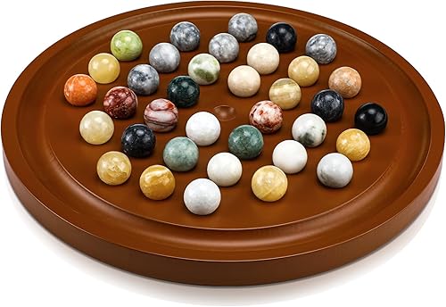 Hungdao Juegos de mesa solitario de mármol de 16 pulgadas, de madera con 36 canicas naturales, hechos a mano, juegos de solitario para un solo