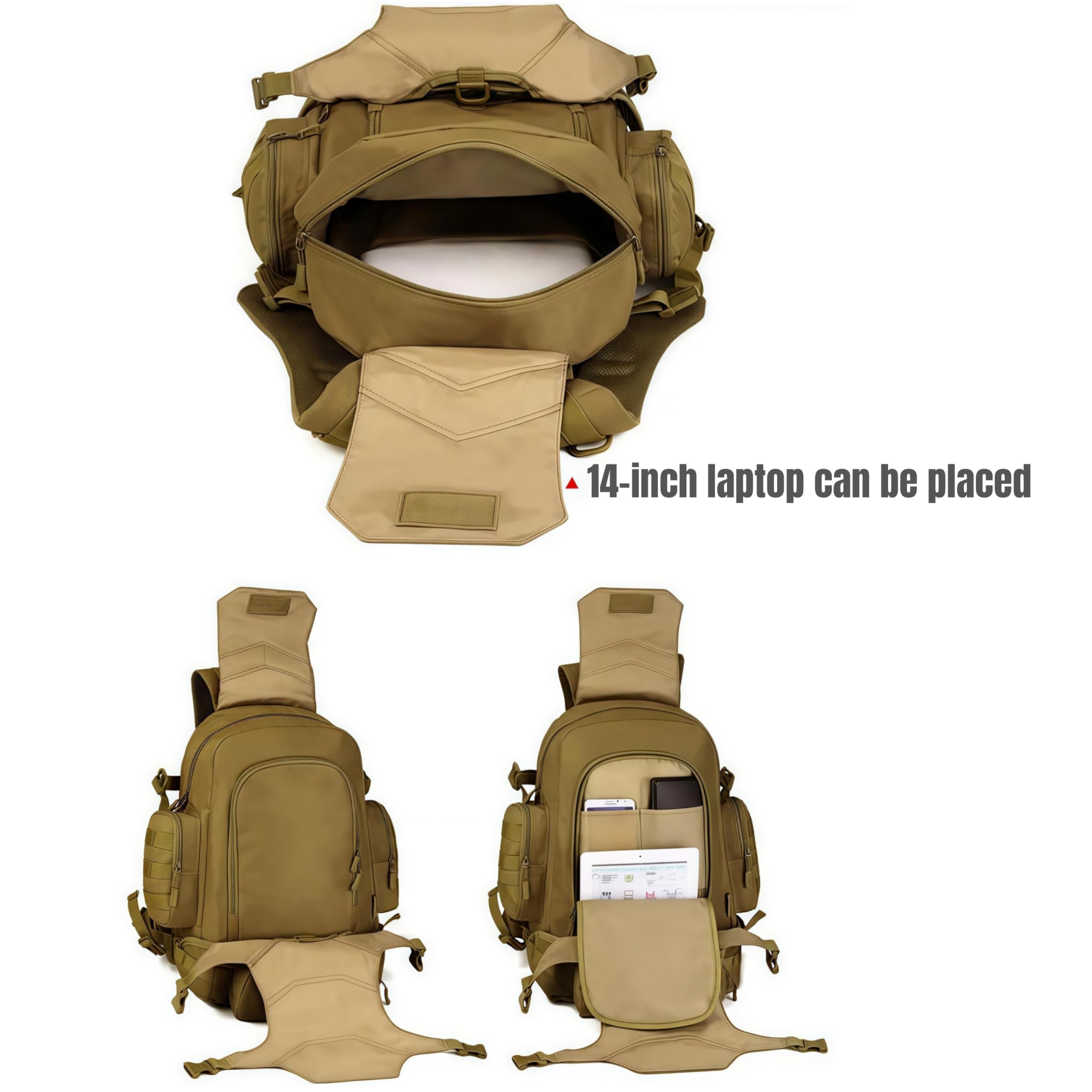 Zaino tattico impermeabile da 40 litri con system MOLLE e marsupio staccabile - 3 modi di trasporto per escursionismo, campeggio, viaggi (Khaki)