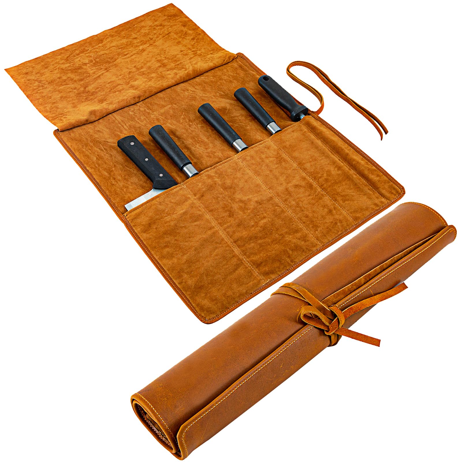 Baizoy Knife Roll Bag Genuine Leather,Chefs Professional 5 Knives and Cookware,Perfect for The Traveling Chef,Travel Tool Roll Pouch,No Tools Included