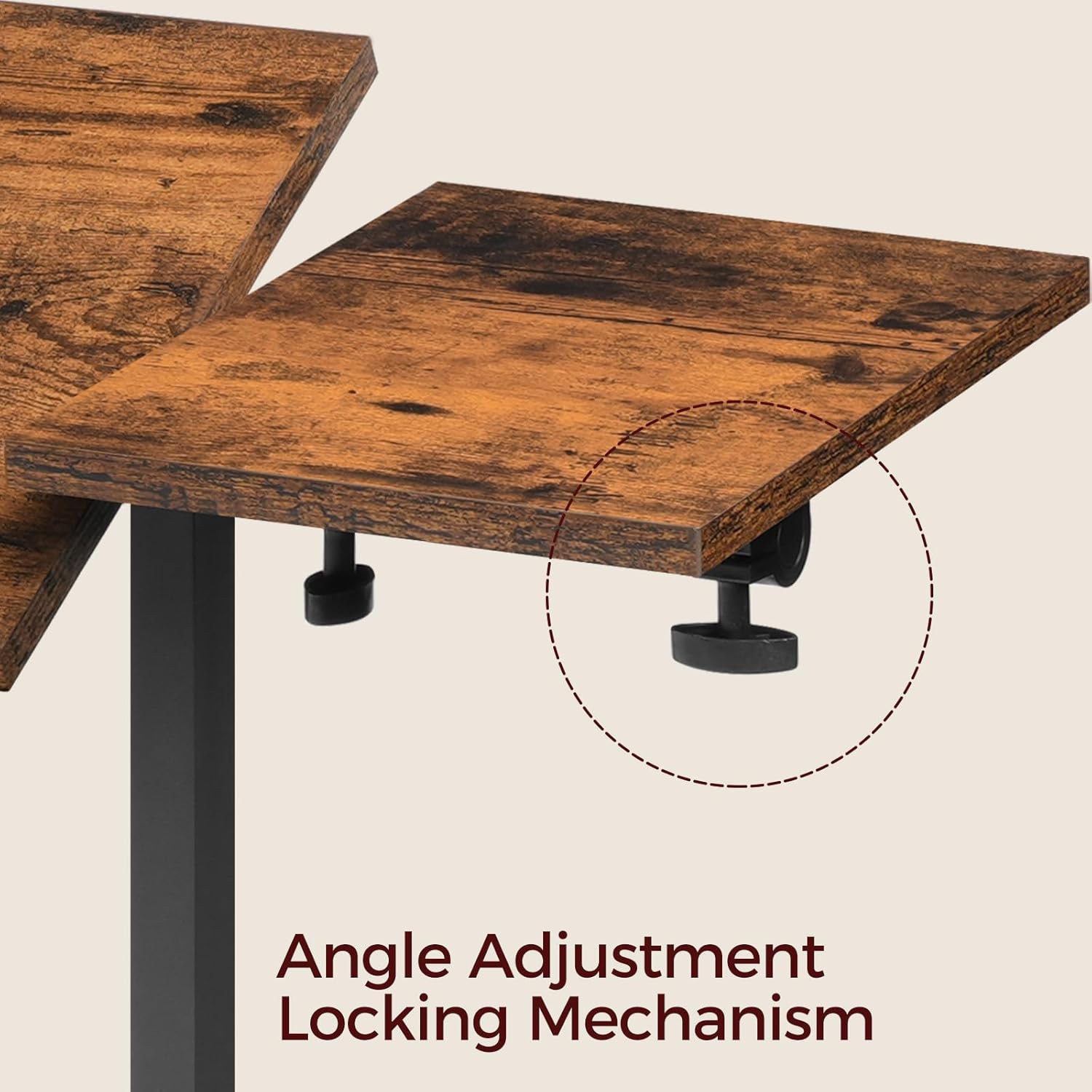 Primer pla view of the angle adjustment locking mechanism on the overbed table, showing the knob used to secure the tabletop tilt.