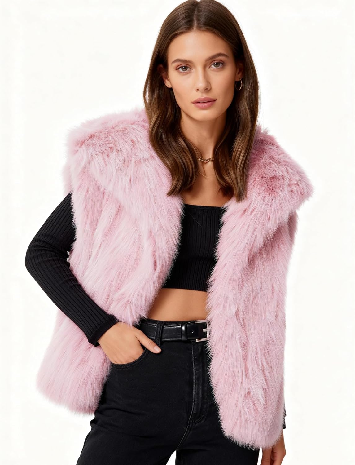 Flygo Womens Faux Fur Vest Fuzzy Lapel Collar Sleeveless Jackets Winter Warm Fluffy Open Front Shaggy Outerwear Vests - Image 2
