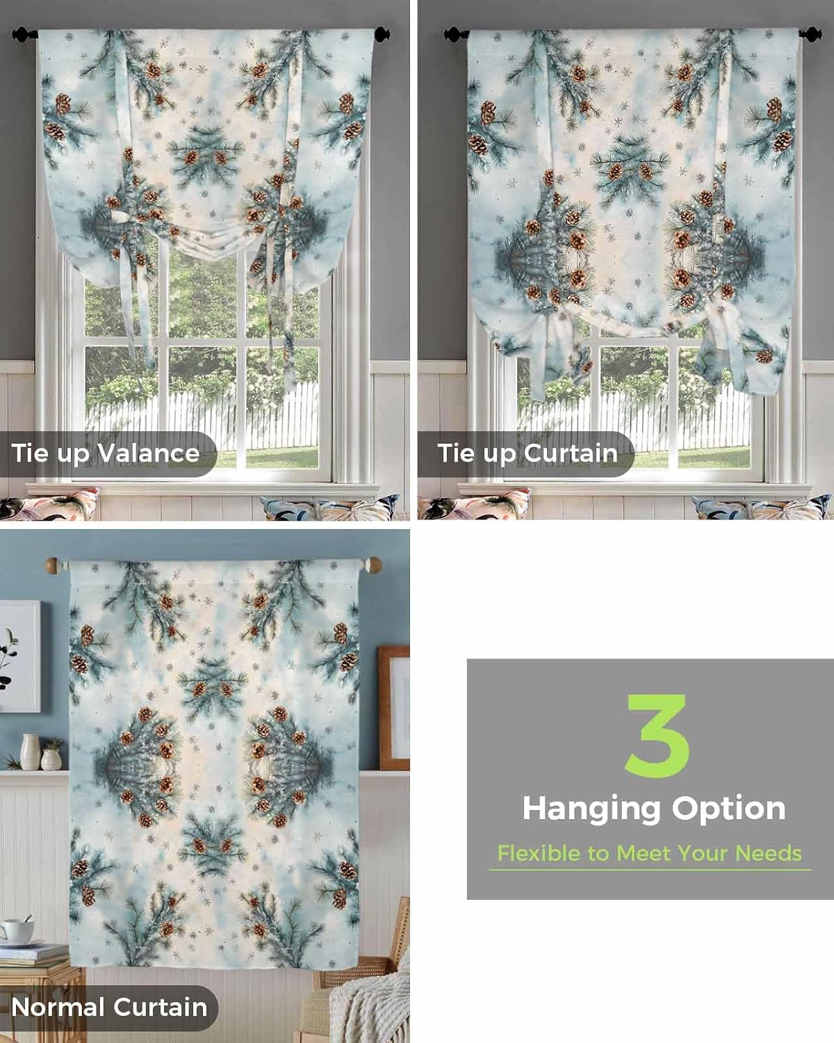 Christmas Pinecone Blue Green Tie Up Curtains for Windows 63 Inch Length Balloon Curtains Kitchen Balloon Window Shade Botanical Winter Xmas Plants Snowy Tie Up Valance Bathroom Curtain Window 46"x63"