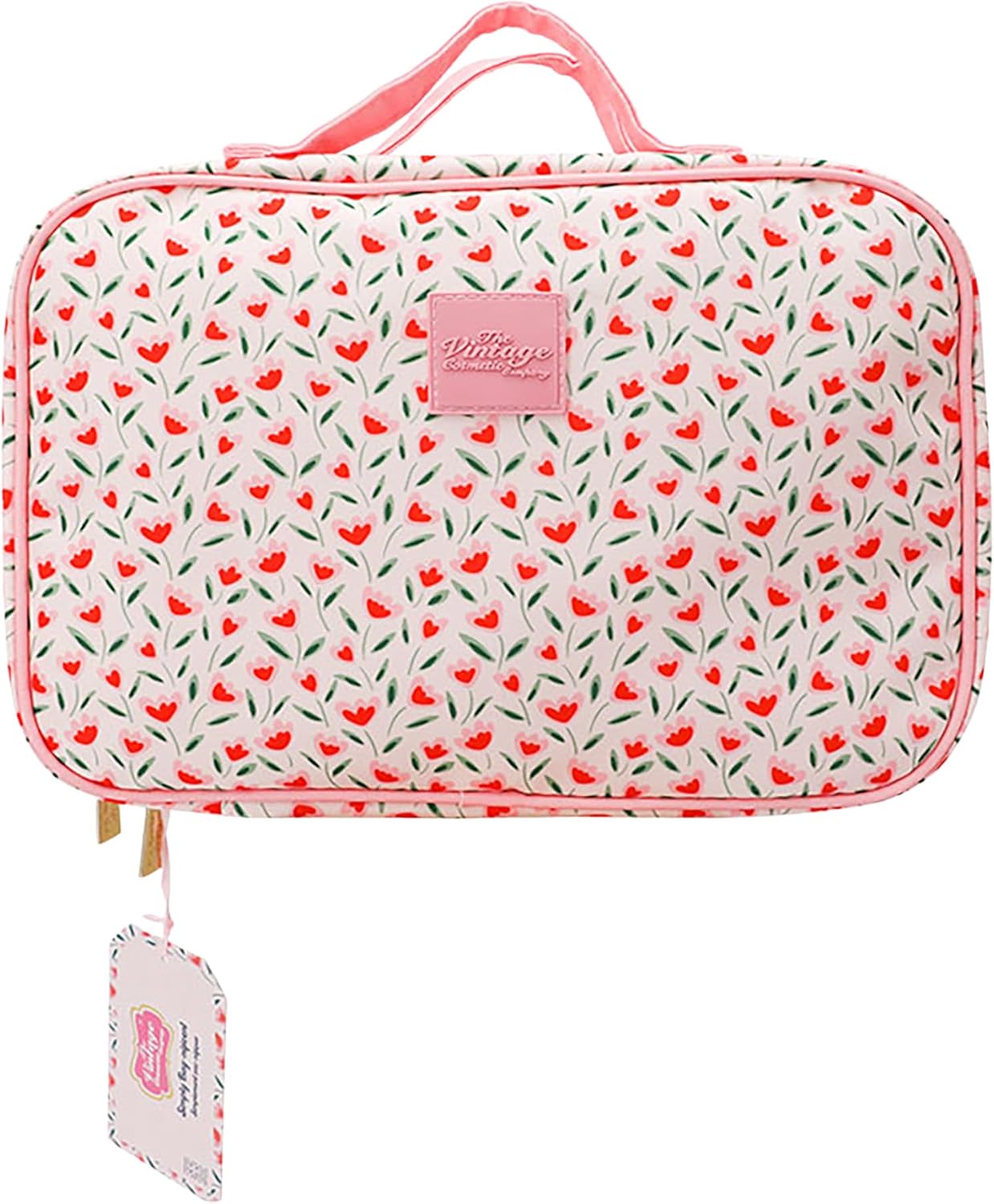 The Vintage Cosmetic Company Tulip Square Carry Bag, Floral Cosmetic Organizer for Makeup, Toiletries, and Travel Essentials with Zipper Closure