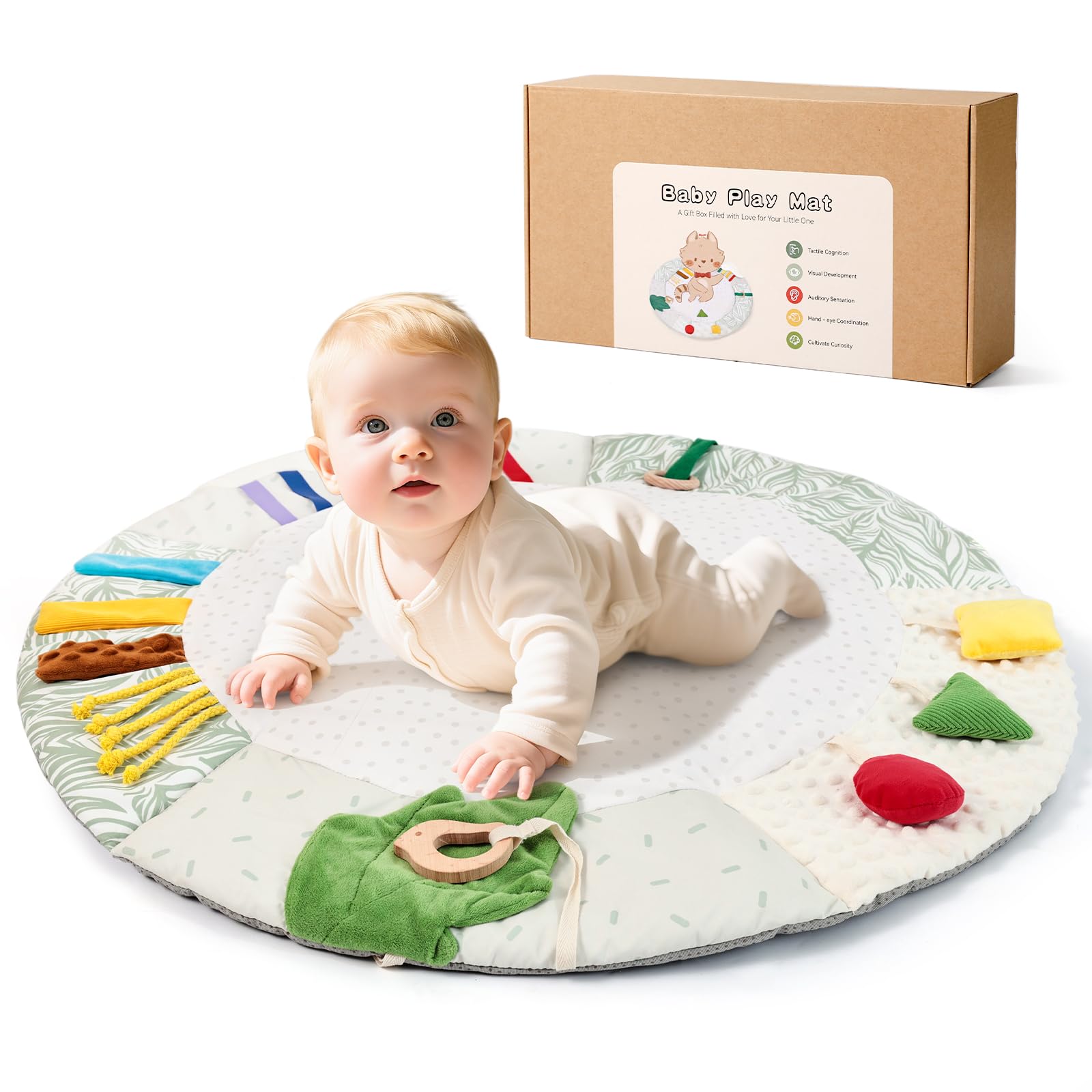 OESSUF Baby Krabbeldecke Rund 85cm – 5 Sinneszonen für Sensorik Motorik | Baby Spielmatte für Spielebogen, Weich Rutschfest | Babydecke für Neugeborene ab 0 Monate Jungen Mädchen | Geschenk zur Geburt