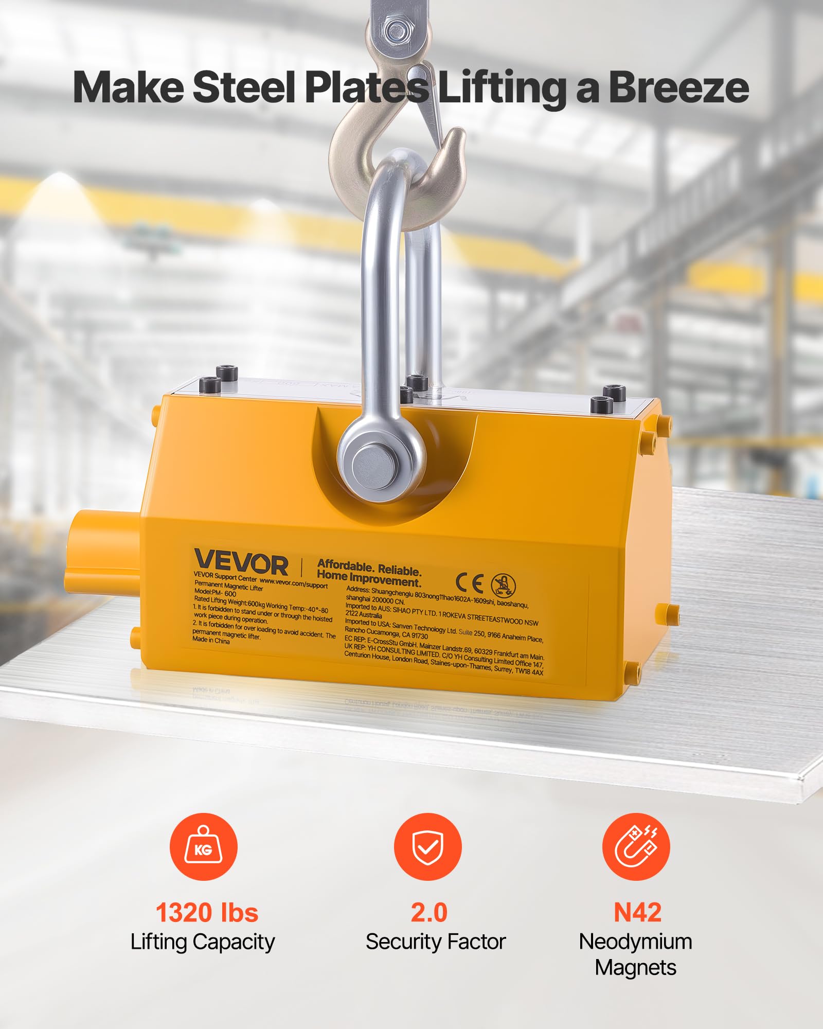 VEVOR Aimant de Levage Permanent Capacité de Traction 600 kg, Porteur Magnétique en Néodyme N42, avec Poignée de Déverrouillage et Crochet en Acier, Outil pour Manutention Tôle Pièces Métalliques