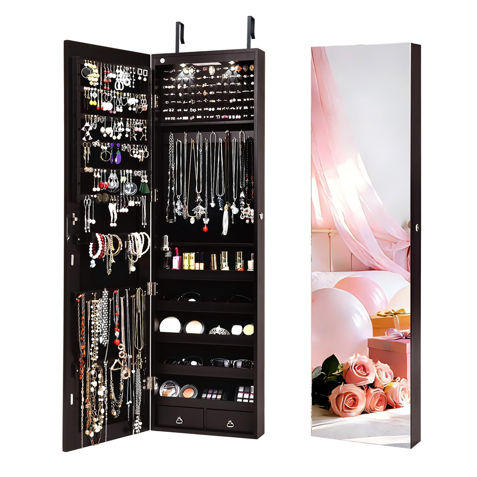 NAFORT 2 LEDs Mirror Jewelry Cabinet, 47.5-Inch Tall Wall or Door Mounted Jewelry Organizers and Storage with Frameless Full-length Mirror, Lockable Jewelry Armoire with 2 Drawers, Espresso