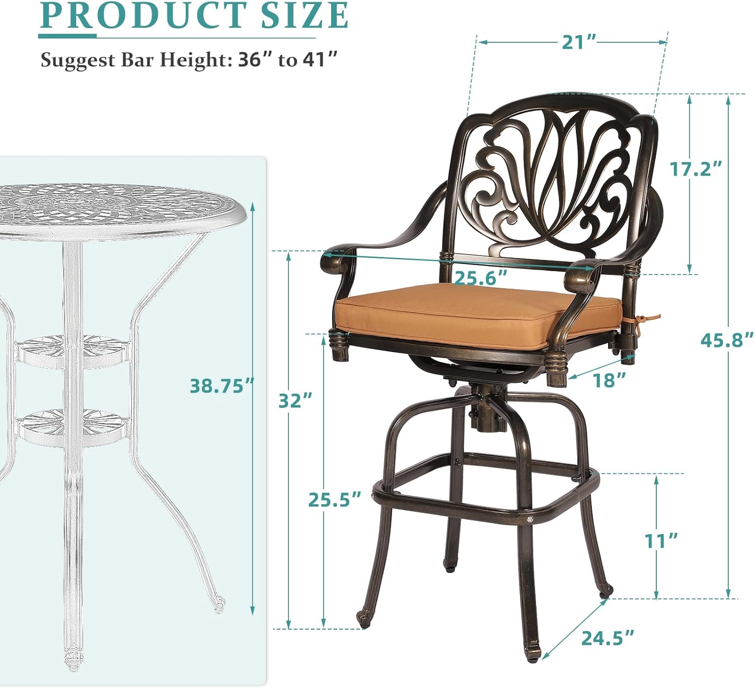 MEETWARM 2 Piece Outdoor Patio Swivel Bar Stools, All-Weather Cast Aluminum Bar Height Bistro Chairs, Outdoor Furniture Bar Dining Chair Set with Cushions for Garden Deck Backyard, Dark Bronze