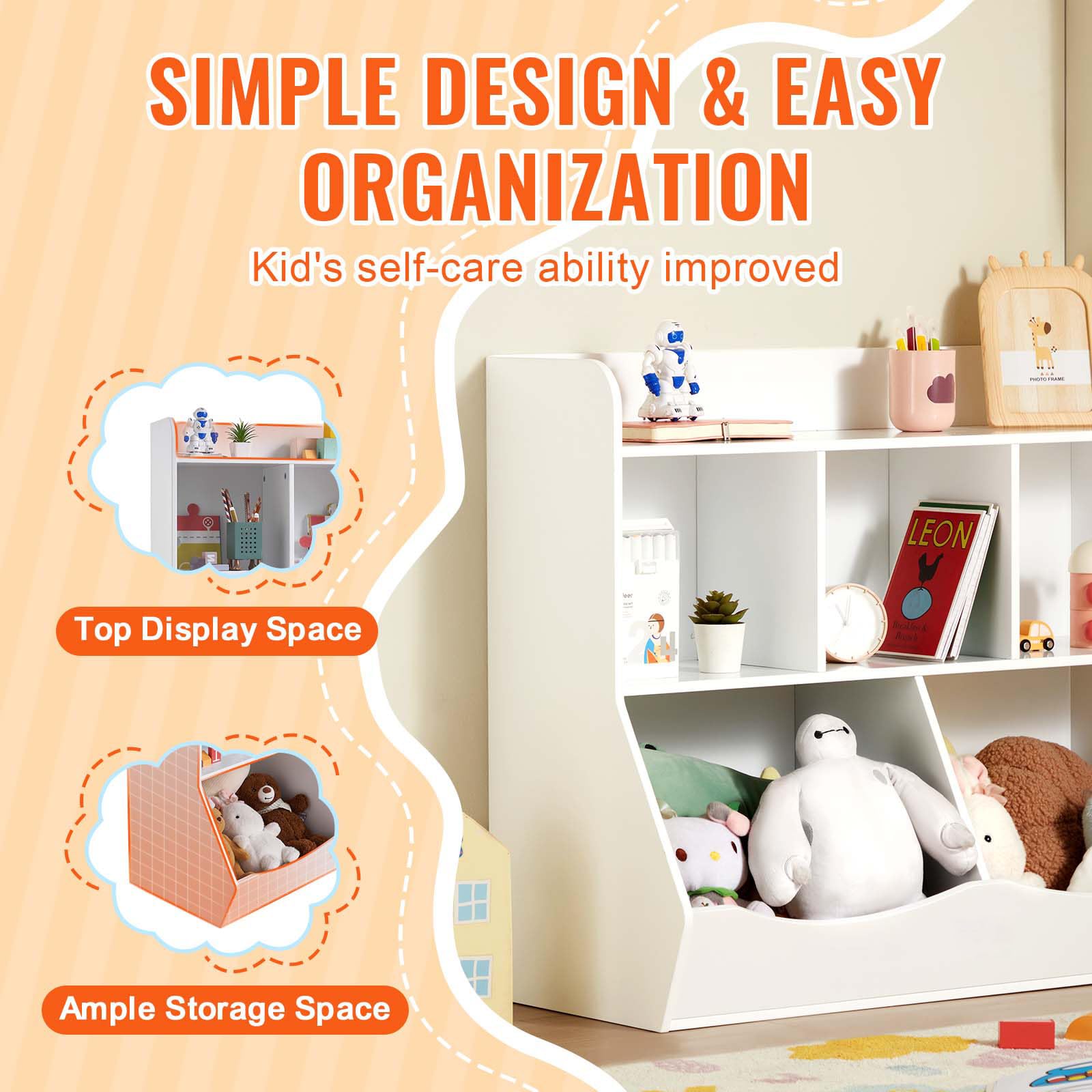 VEVOR Scaffale Portaoggetti in Legno per Bambini, Organizzatore Giocattoli con Scaffale per Libri, Armadietto per Camera Giochi