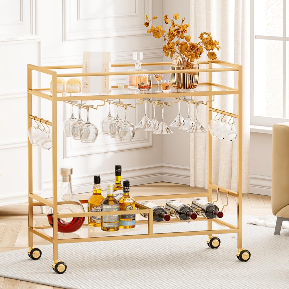 Bar Cart for The Home, Serving Cart with Wine Rack and Glass Holder, 2 Tiers Glass Bar Cart on Lockable Wheels, Gold Rolling Beverage Cart for Kitchen, Dining Room, Living Room, Bar, Party