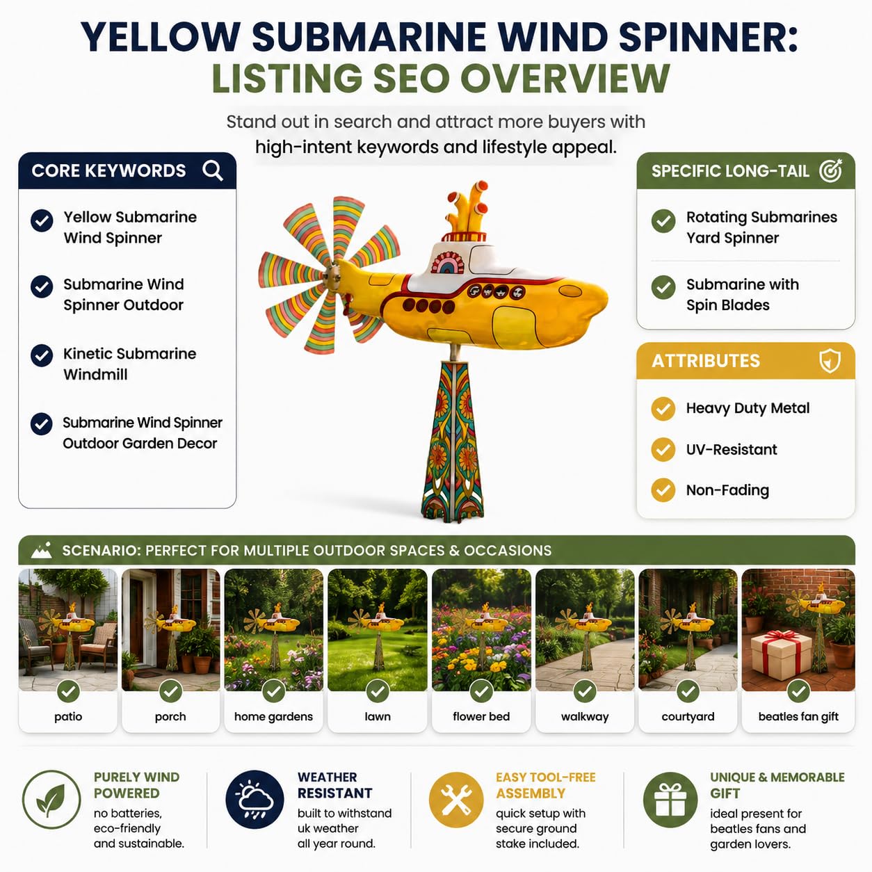 Moulin à vent sous-marin jaune - Décoration de jardin d'extérieur - Moulin à vent cinétique en métal robuste avec lames rotatives - Résistant aux UV - Pour terrasse, porche, maison et jardins