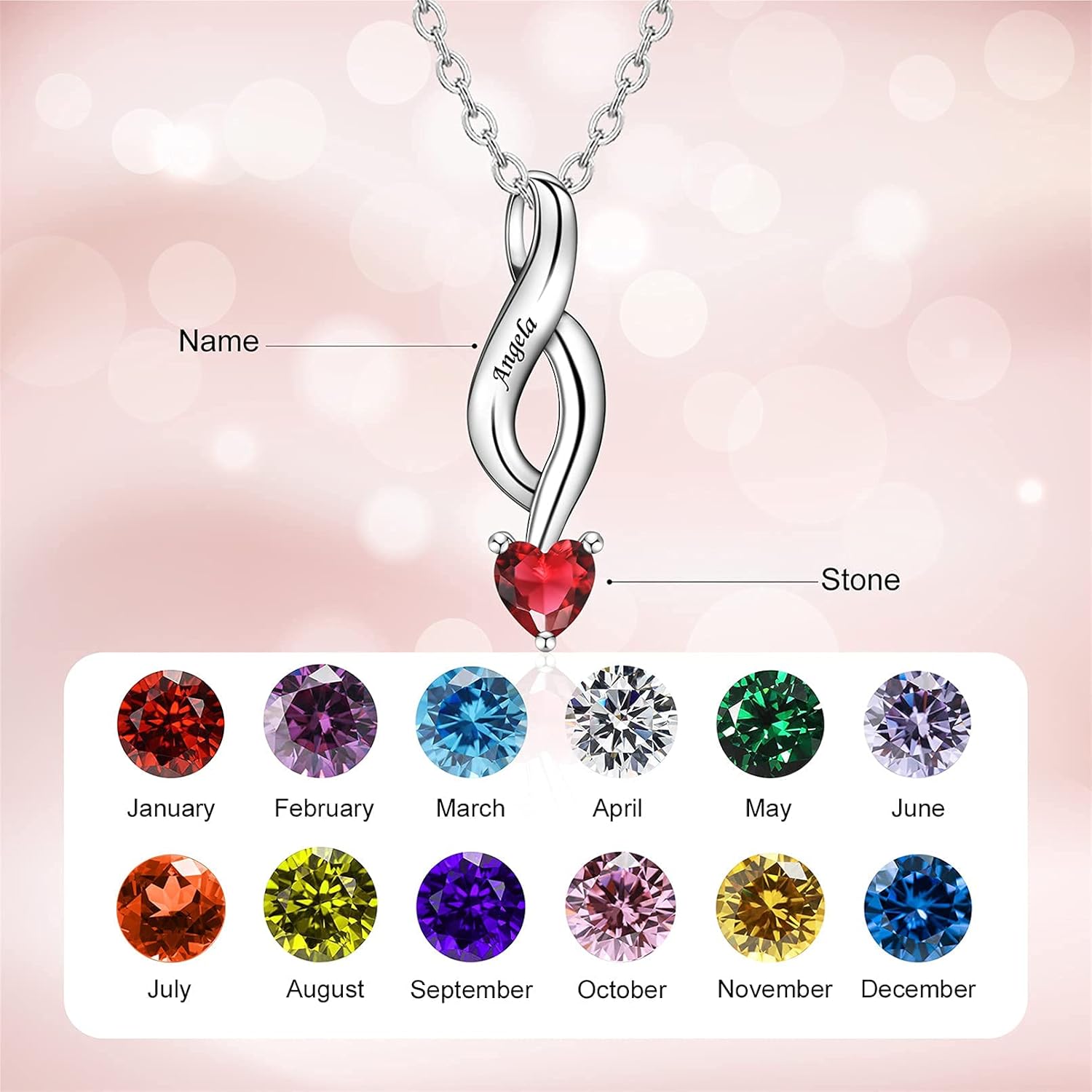 MissNaNa Sterling Silver Personalized Mothers Necklace with Simulated Birthstones Engraved 1-6 Children Names Custom Love Heart Pendant Family Necklace for Women Mother's Day Birthday - Image 2