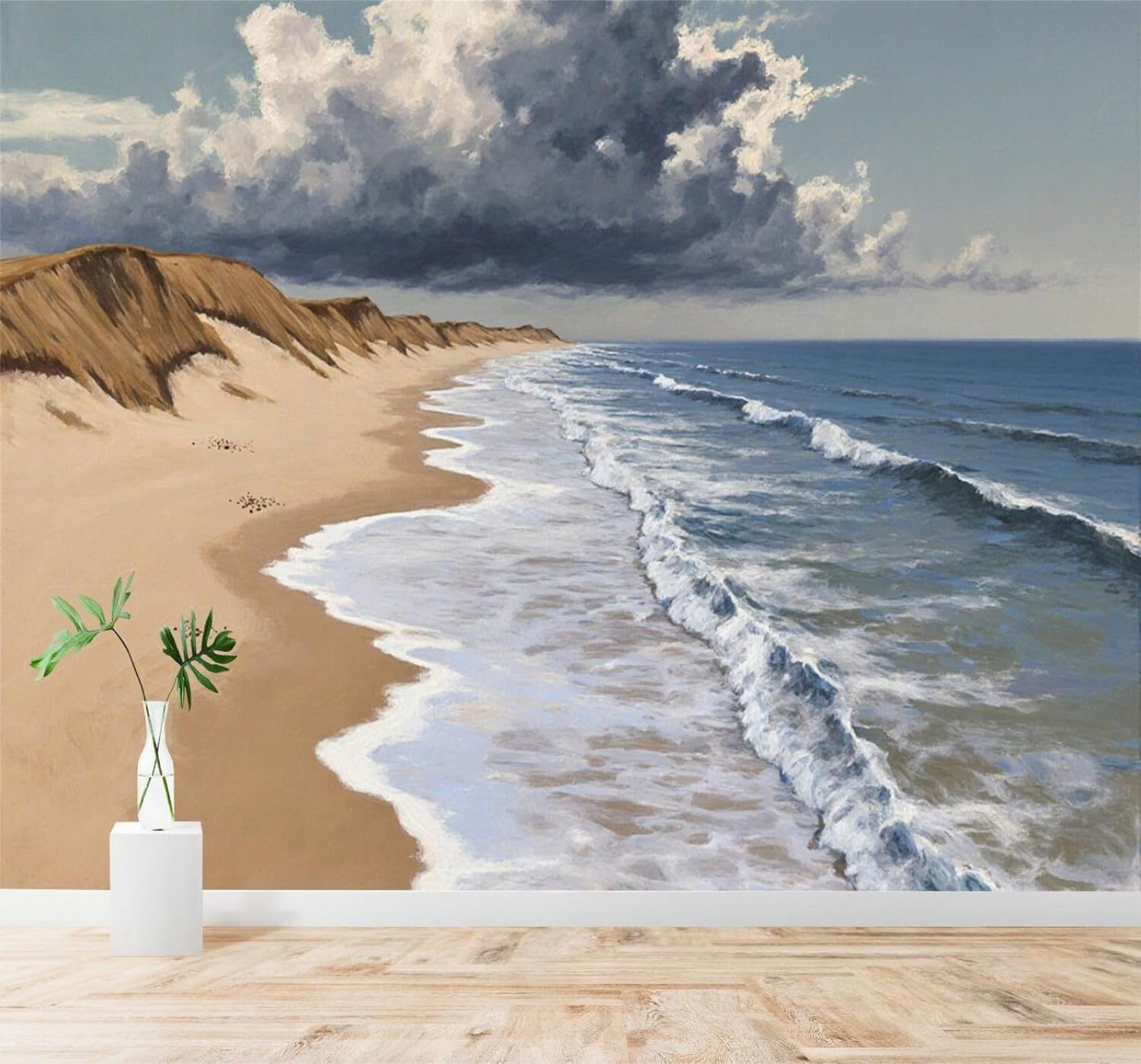 XLMING Seaside Beach Waves Sand Dunes Spectacular Clouds 3D Wallpaper Silky Texture Home Study Office Grey Dining Room Sofa Bedroom Living Room TV Backdrop-150cm×105cm