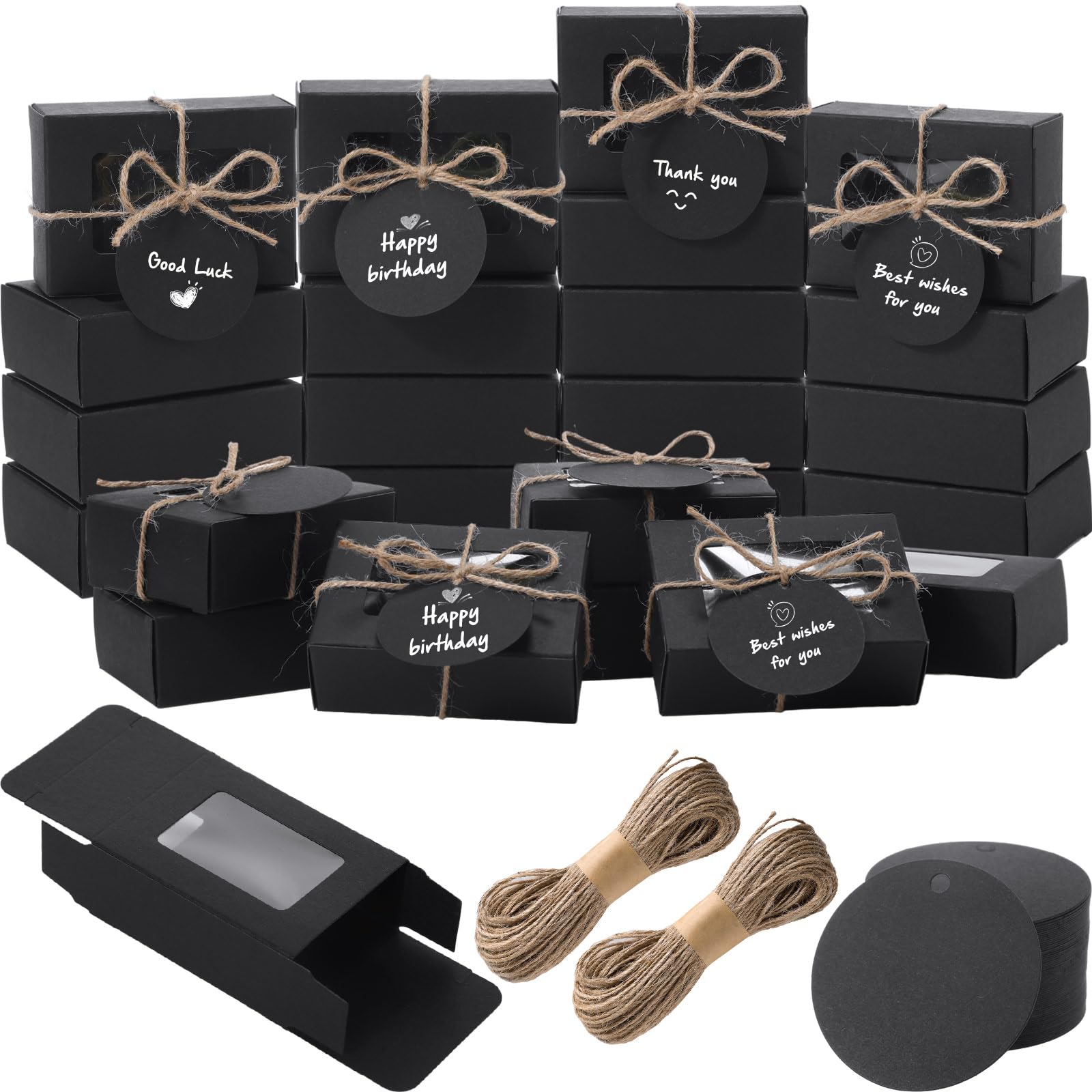 Zhanmai 100 Black Set Small Soap Boxes for Homemade Soap 3.35 x 2.36 x 1.2 Inch with 100 Tags and Twines Packaging Boxes with Window Gift Wrapping Supplies for Bakery Candy Cookies Party Favors