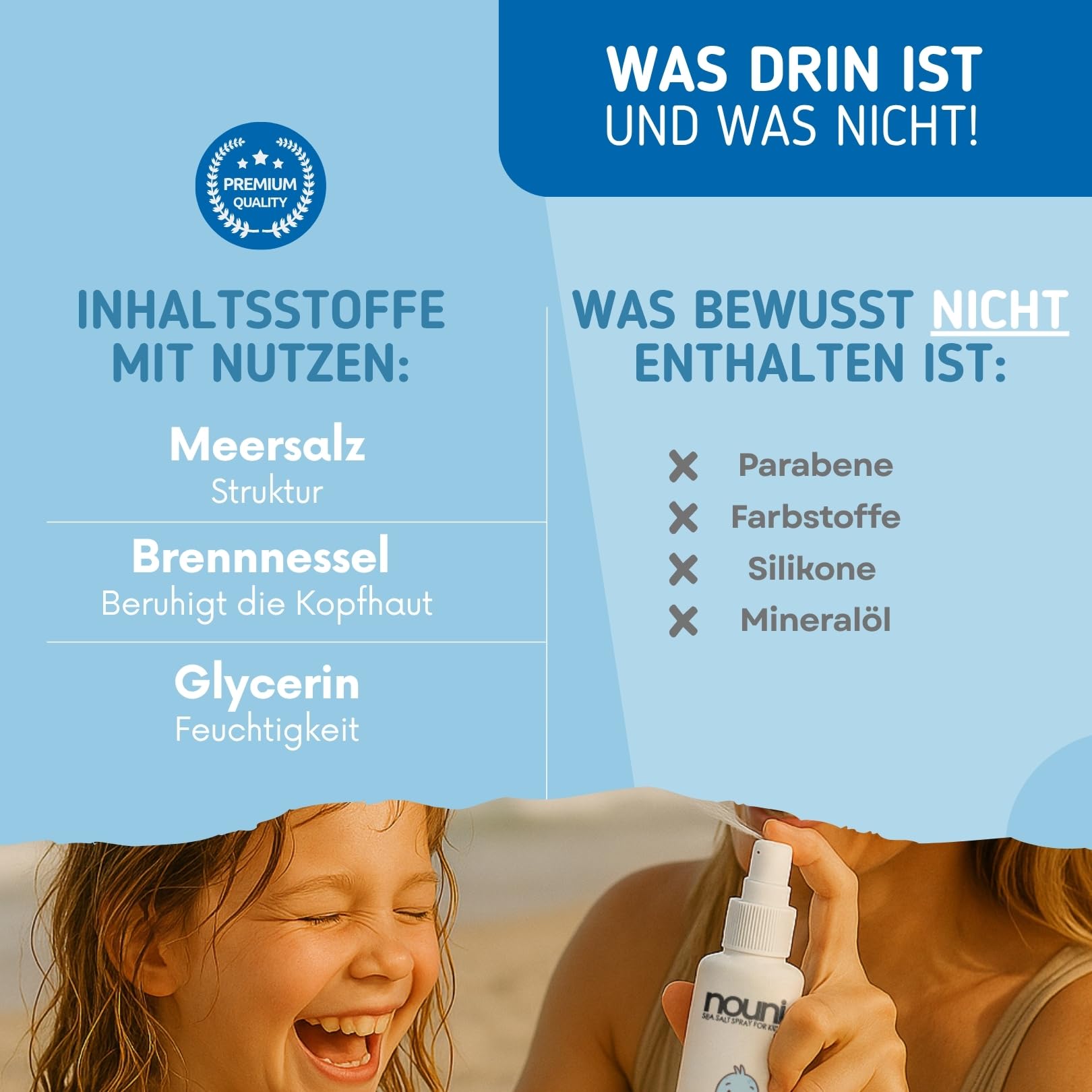 Sea Salt Spray dla dzieci – spray do stylizacji naturalnych fal plażowych – z solą morską i gliceryną – bez perfum, wegański, bez silikonów – lakier do włosów dla wrażliwych włosów dzieci – 100