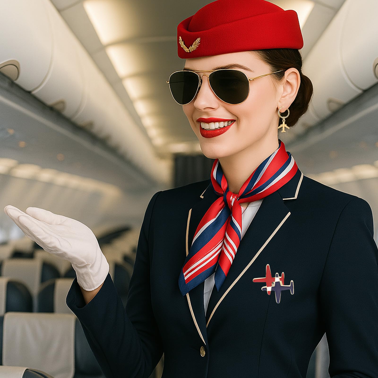SSKHE 4PCS Professional Flight Attendant Costume for Women Stewardess Themed Carnival Costume with Hat Scarf Gloves Brooch - Image 4