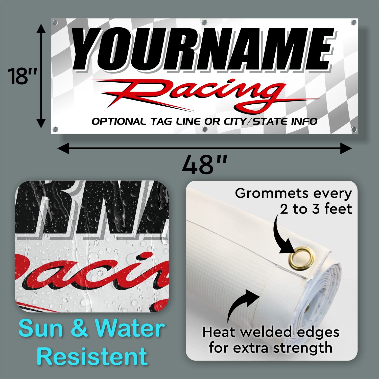 MxNumbers - Custom Your Race Team Name Racing Banner | Personalized Banner With Your Custom Text, Color & Size with Race Flags | Great for Race Day, The Pit, or Garage