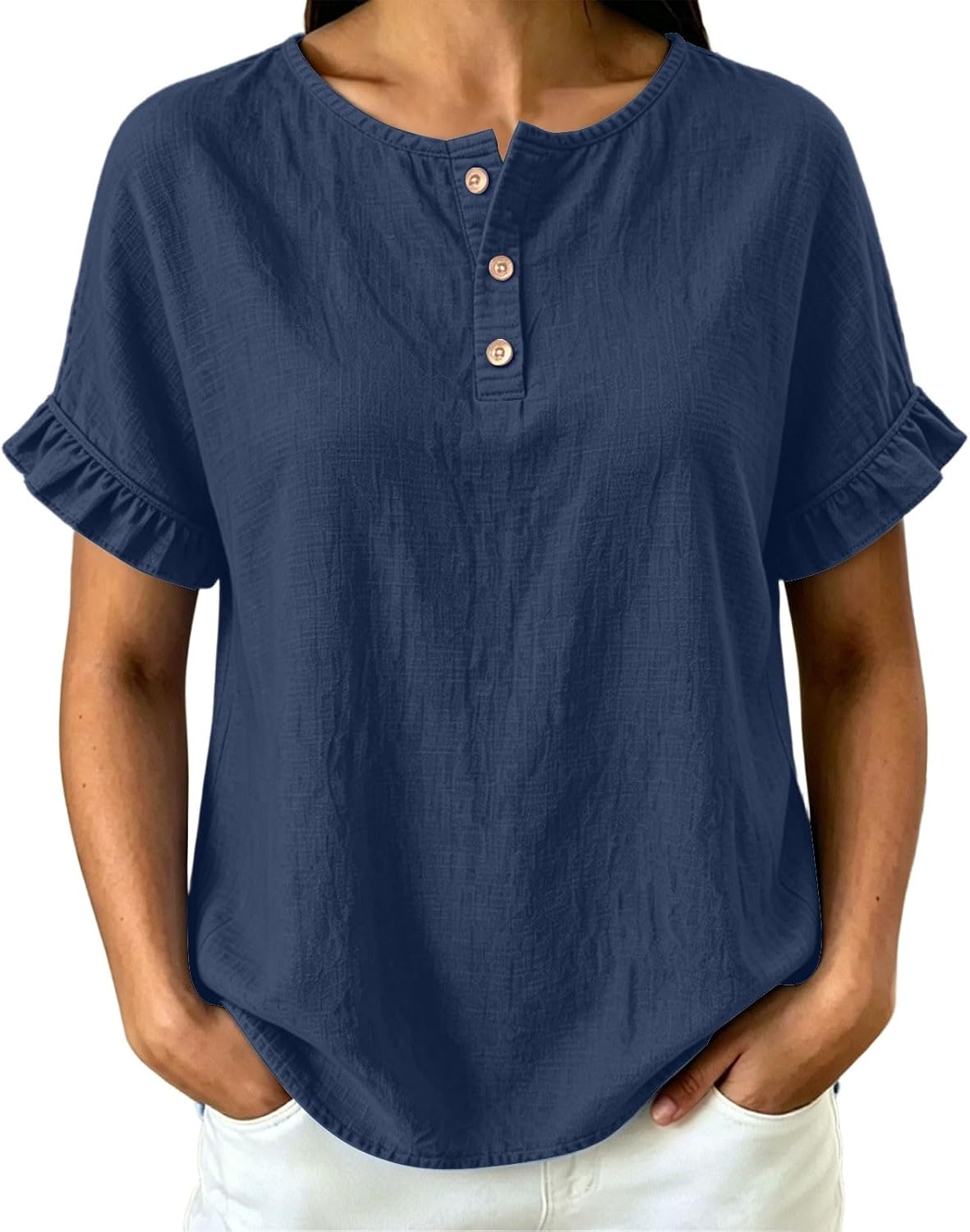 Linen Tops for Women Henley Ruffle Sleeve Casual Loose Fit Summer Blouses Everyday Vacation Travel Casual Shirts