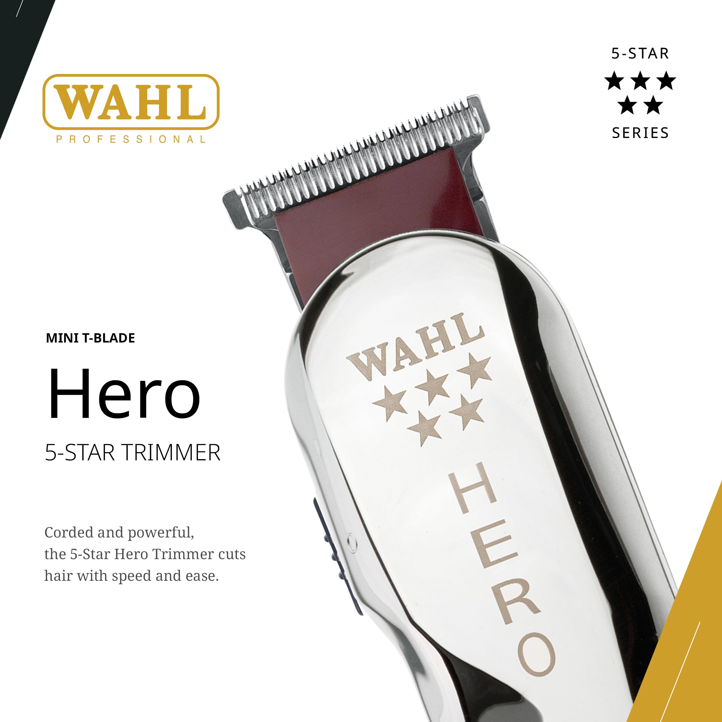 Wahl Professional 5 Star Hero Trimmer, Corded, Adjustable T-Blade, Lightweight Rotary Motor, Includes 3 Guides for Precision Lining