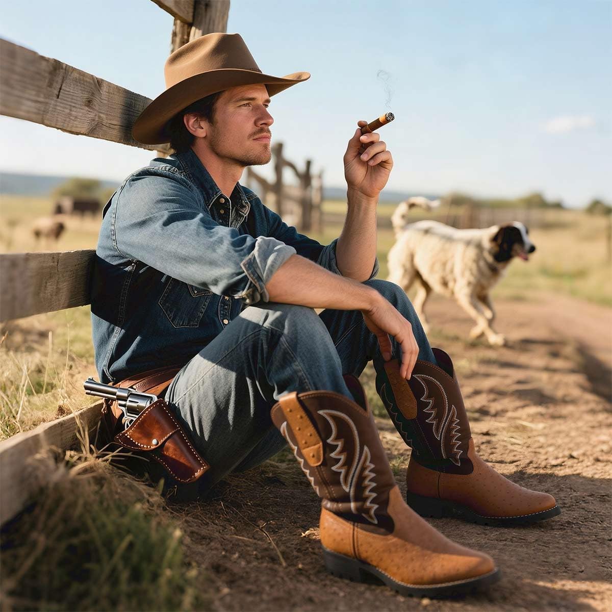 Rollda Cowboy Boots for Men Western Boots Men's Square Toe Chunky Heel Mid-Calf Boots Classic Embroidered Pull On Boots - Image 2