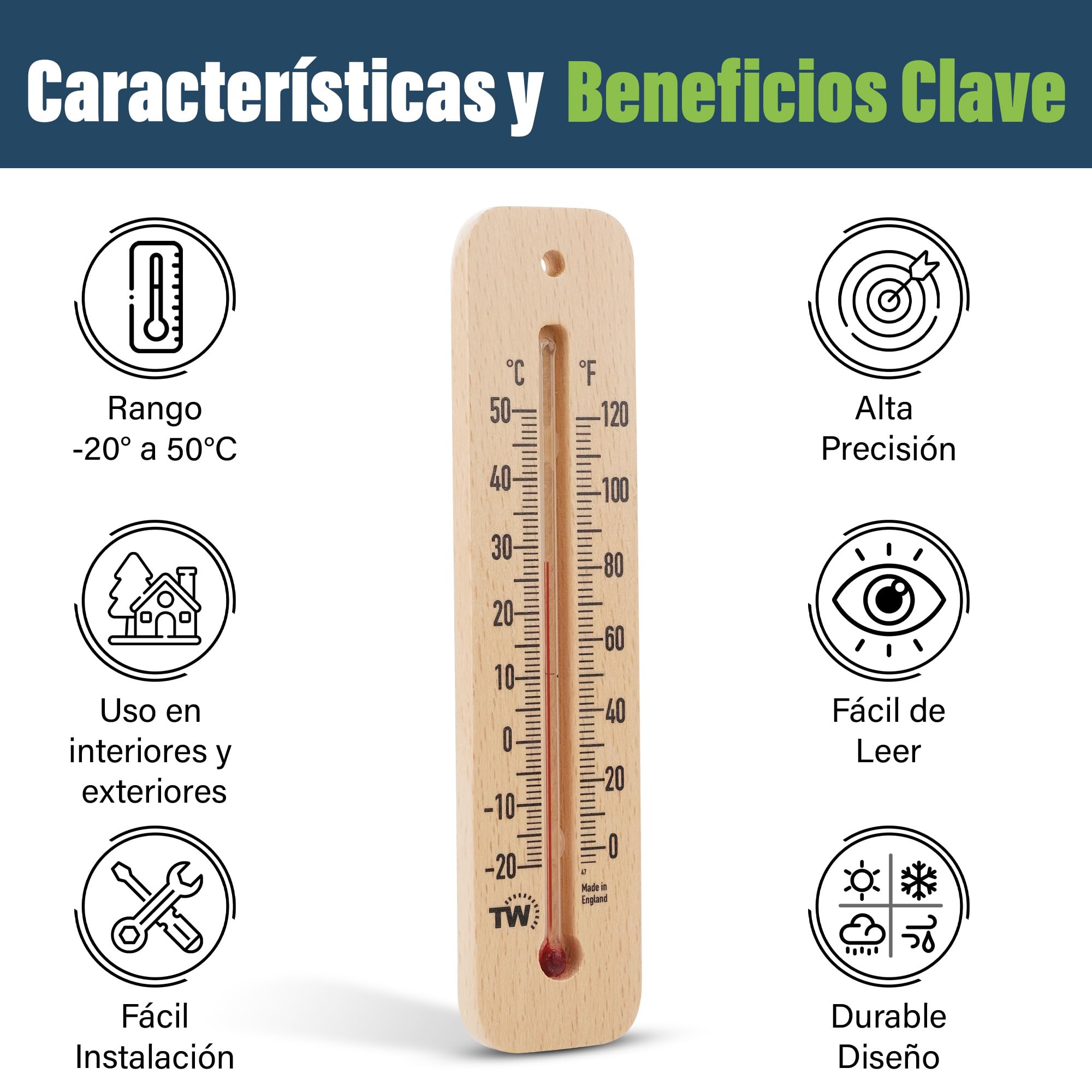 Termómetro Tradicional de Madera para Medir la Temperatura Ambiente, Ideal para Hogar, Oficina, Jardín, Invernadero o Garaje