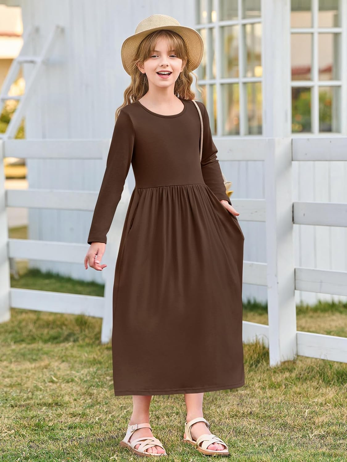 Haloumoning Girls Maxi Dress Long Sleeve Casual Holiday Dress with Pockets for 5-14 Years - Image 3
