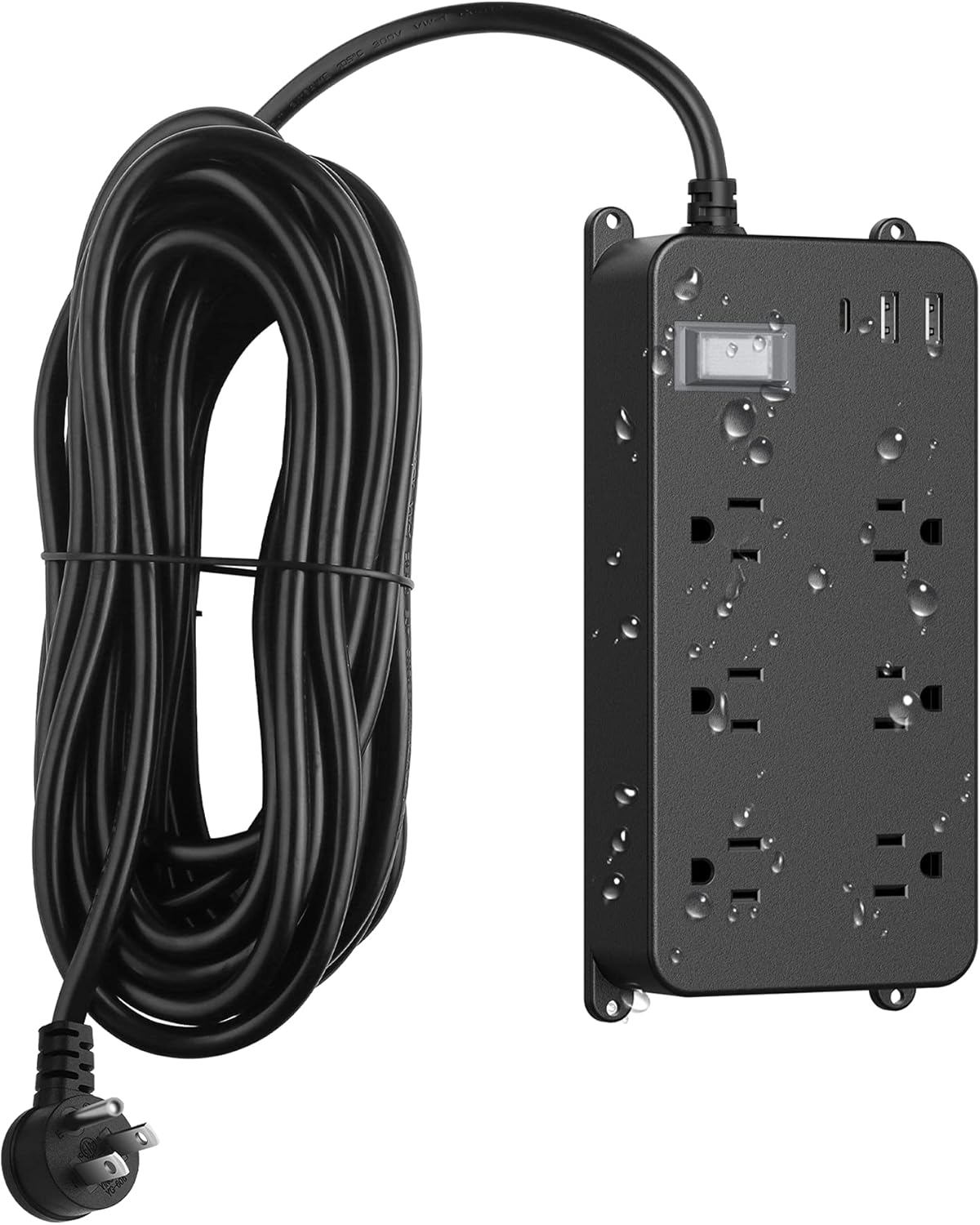Outdoor Surge Protector Weatherproof,Mountable Power Strip with USB C,IPX6 Waterproof Extension Cord Multiple Outlet for Patio Accessories,6 Outlets and 3 USB Ports,25ft Cable,Flat Plug(2000 Joules)