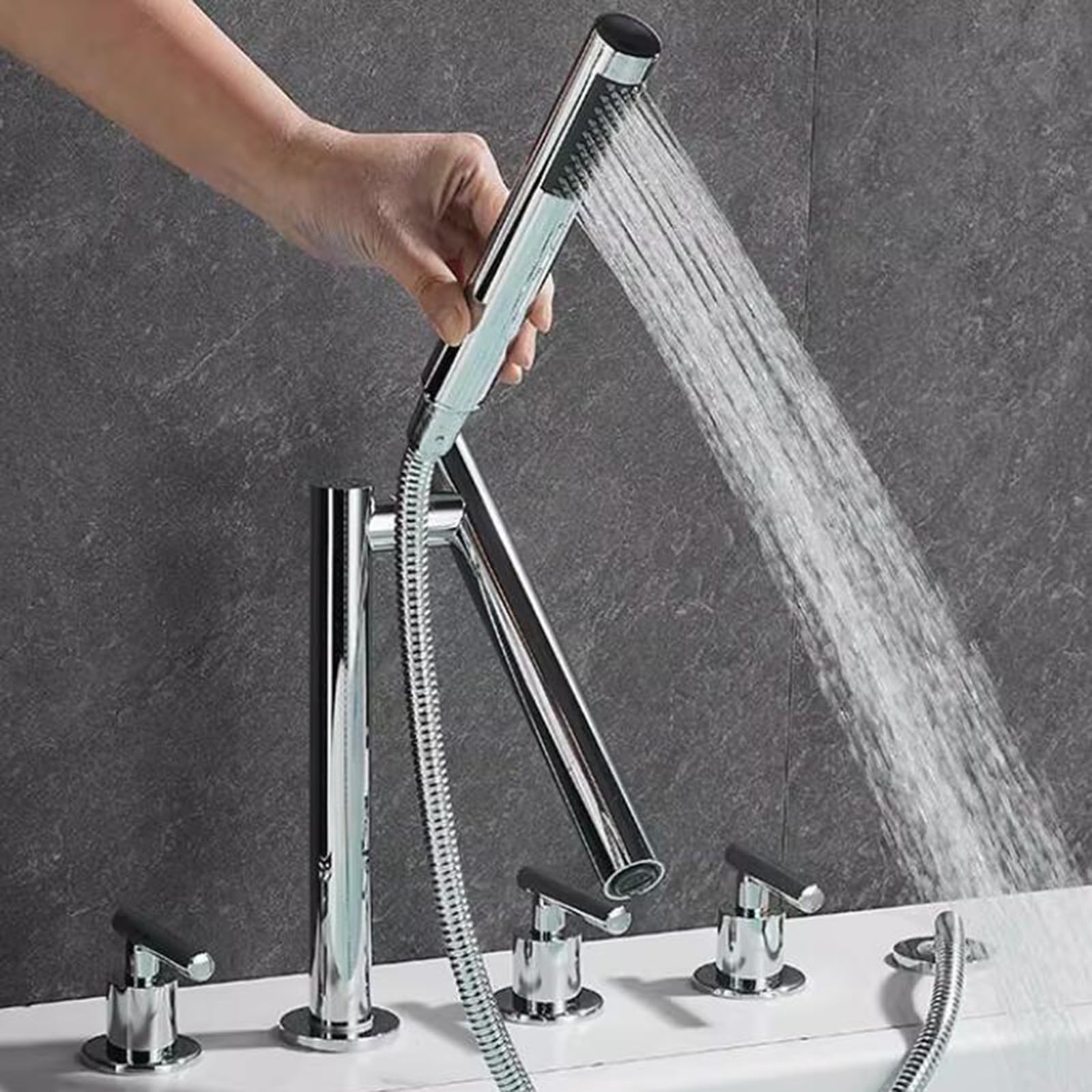 Badewannenarmatur mit Handbrause Wannenrandarmatur Messing Schwenkbar Wasser Kalt und Heiß Mischbatterie Badewanne mit Brause 5 Loch-Verchromt