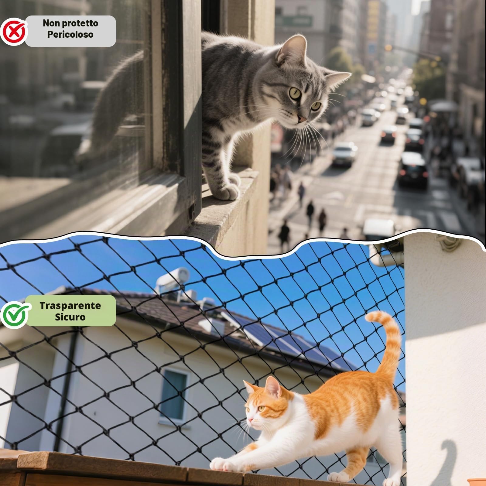 Rete Gatti Balcone, Rete Metallica Rinforzata 8x3m, Robusta e Resistente ai Morsi, Resistente agli Agenti Atmosferici, Rete Anti-Piccioni, Include Accessori per l'Installazione (Nero)