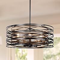 Vista 1 de 19.7'' Farmhouse Dining Room Light Fixture, 5-Light Metal Drum Chandelier, Black with Retro Wood Texture