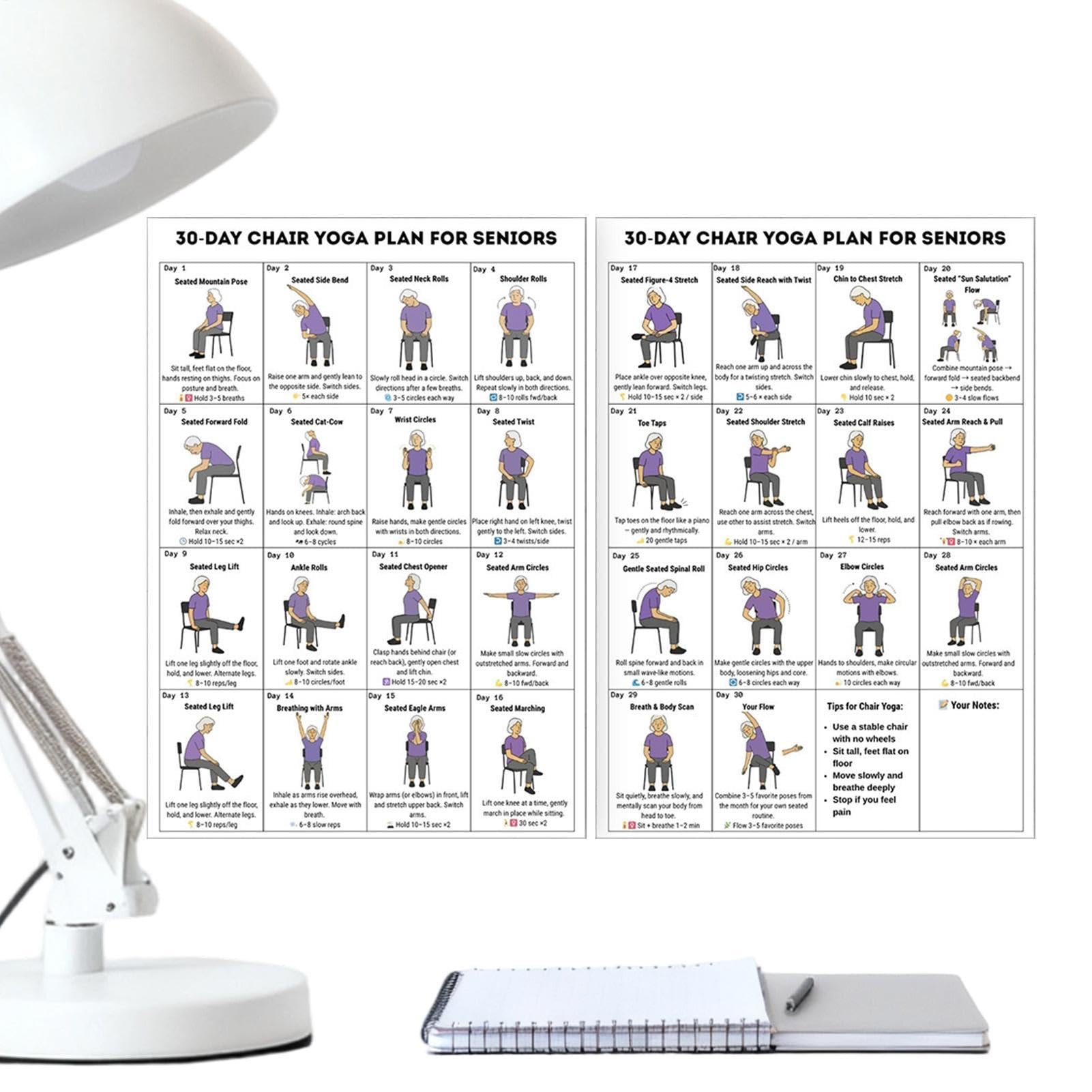 Plakat fitness w pozycji siedzącej, wykres jogi na krześle, przewodnik ćwiczeń 20 x 25 cm z ilustrowanymi krokami, ekspozycja papieru dla osób starszych, układ instrukcji montażu na ścianie