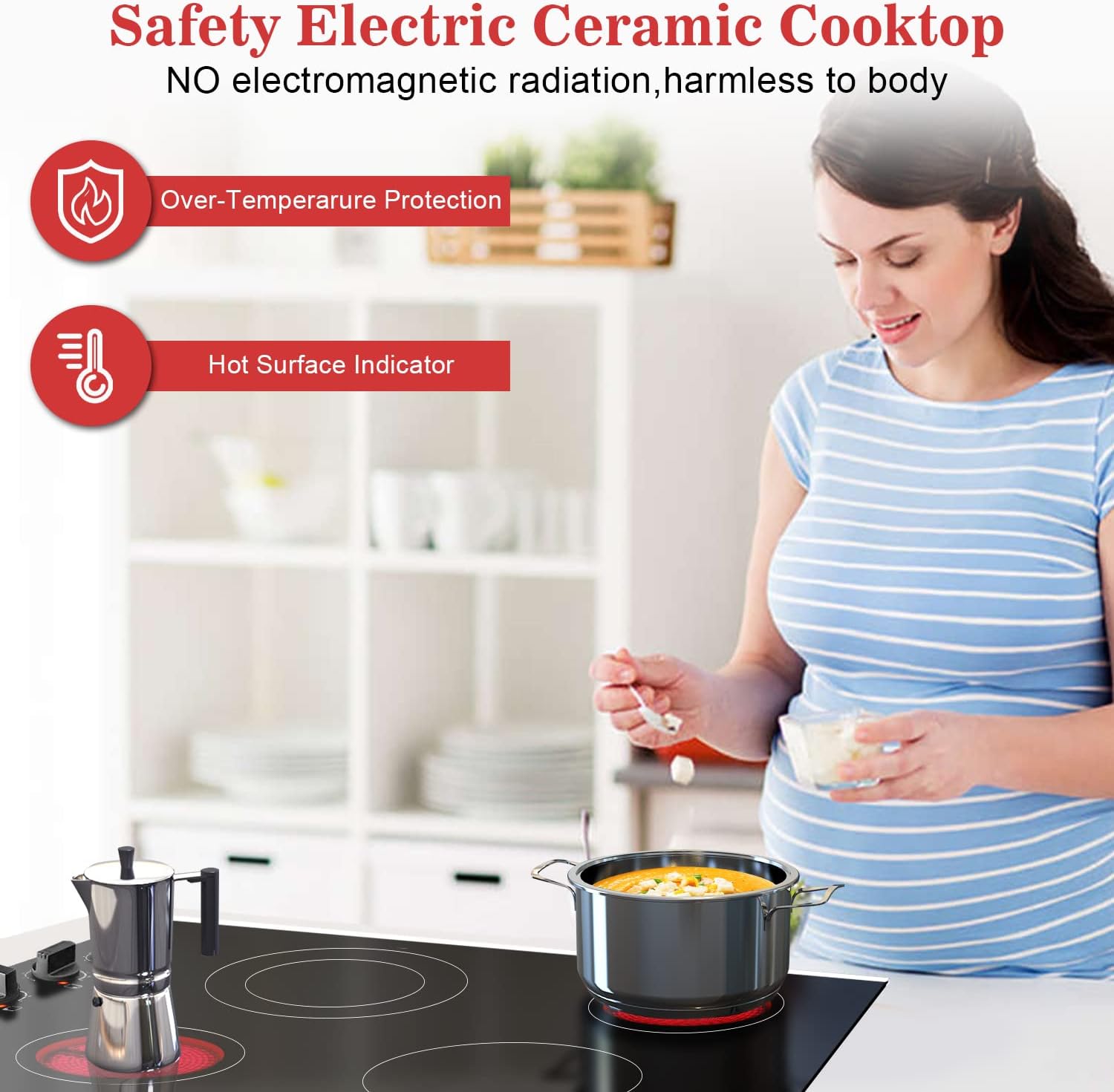Karinear 30 Inch Electric Cooktop 4 Burners, Knob Control Built-in Ceramic Cooktop, 30" Radiant Electric Stove Top with Glass Protection Metal Frame,Hot Surface Indicator, 220-240v, Hard Wire, No Plug