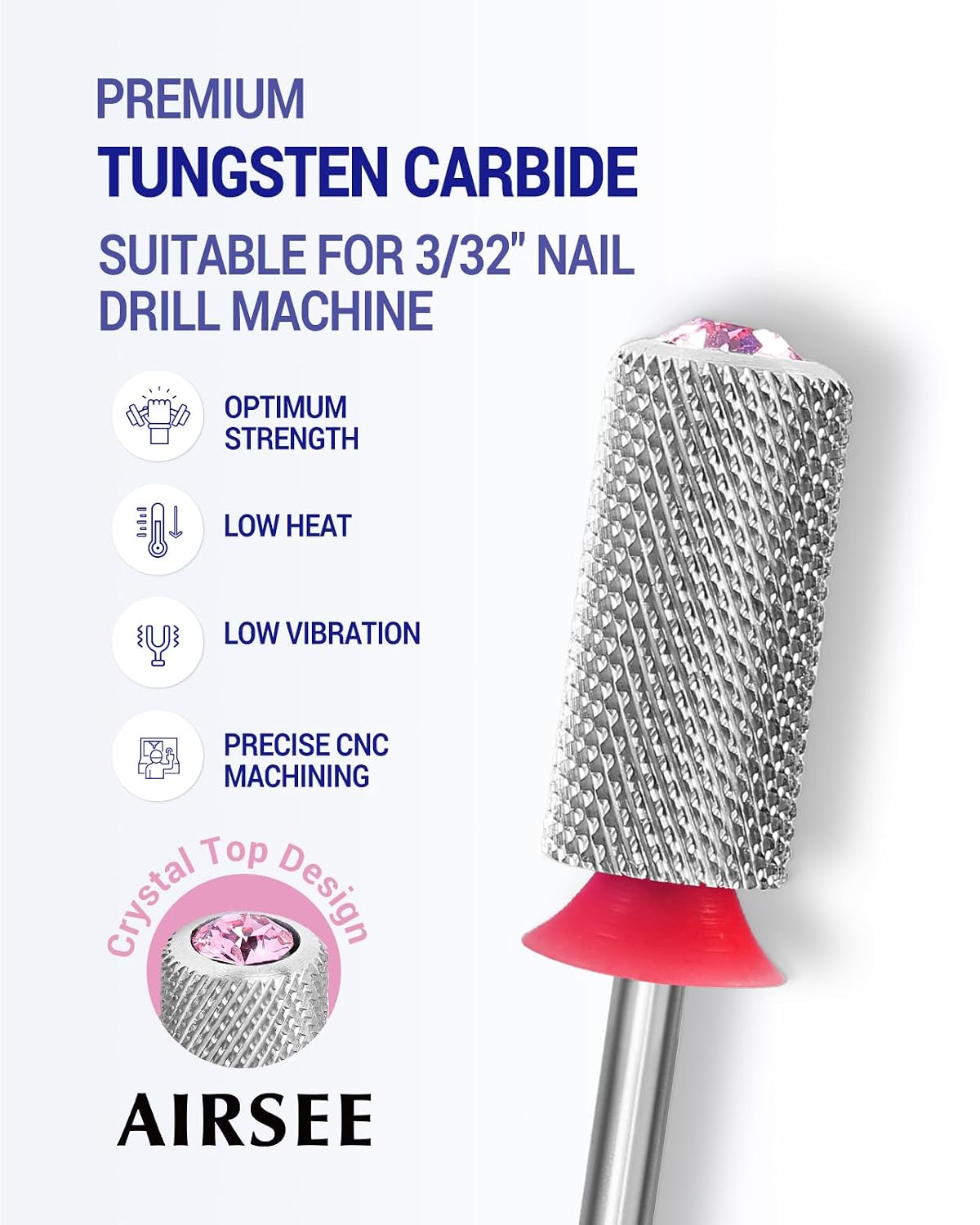 AIRSEE Tungsten Carbide Acrylic Nail Drill Bit Efile Electric File Machine Head Tip for Manicure Polishing Art Remove Gel 3/32" 2 Way Beginner Safety Pink Crystal Top Barrel Fine-F