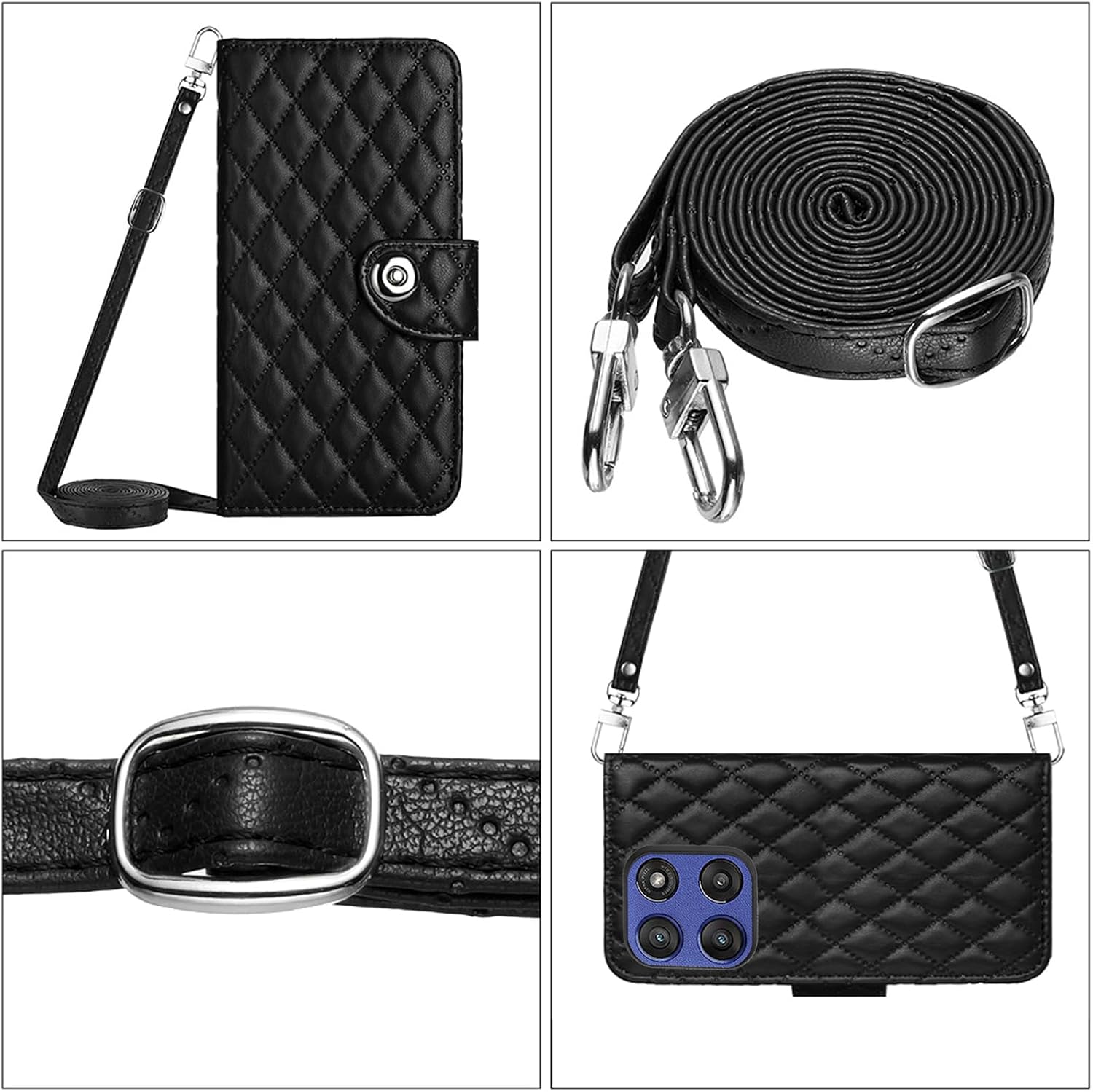Wallet Case for Motorola Moto G Stylus 5G 2025 with Wrist Shoulder Strap, Argyle Pattern PU Leather Flip Card Holder Cell Phone Cover for G5 Girls Women Black