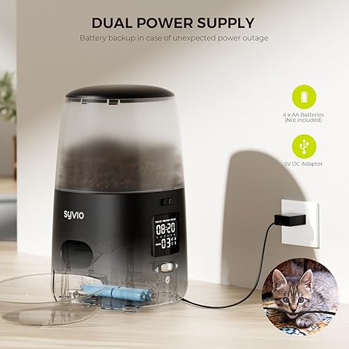 Miniatura 7 de Syvio Dispensador automático de comida para gatos, alimentador automático para gatos con doble fuente de alimentación, alimentador automático para